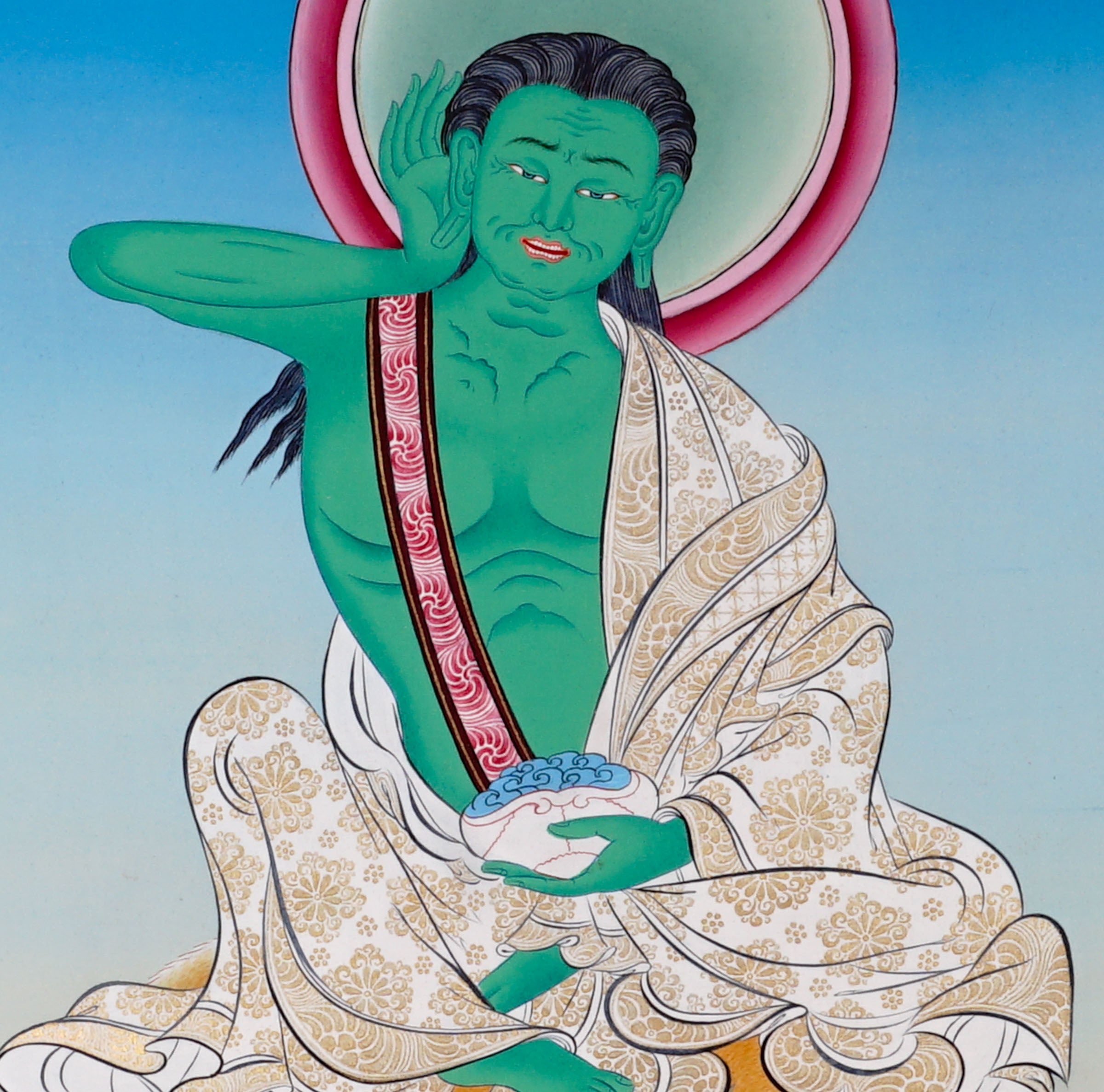 Hand-painted Milarepa Thangka showing Tibetan Buddhist yogi seated on deer skin with skull cup and listening gesture, blue background, traditional Himalayan art.