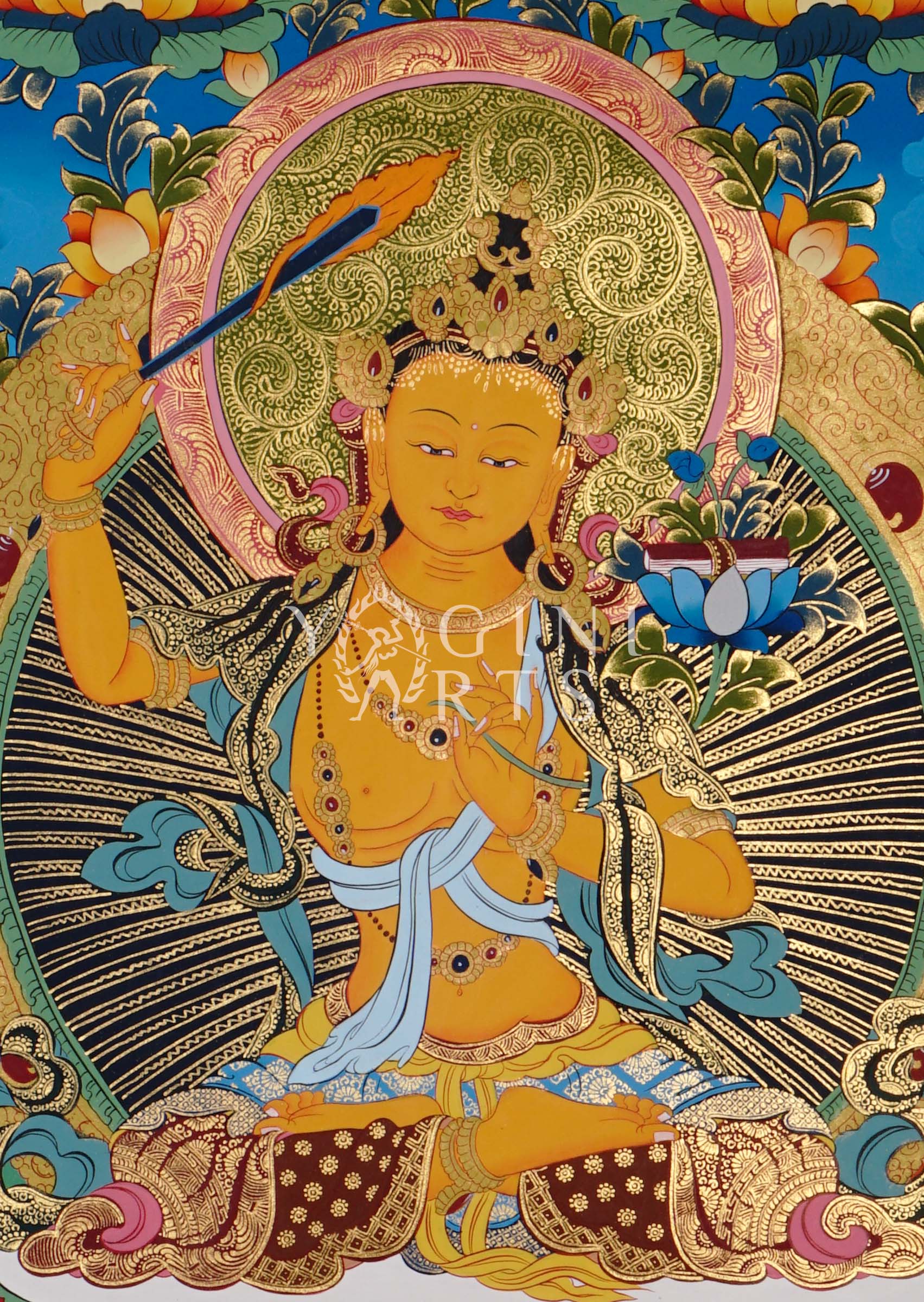 Manjushree thangka featuring the wisdom deity holding a flaming sword and sacred scripture surrounded by Buddhas, lotus flowers, and ornate gold detailing