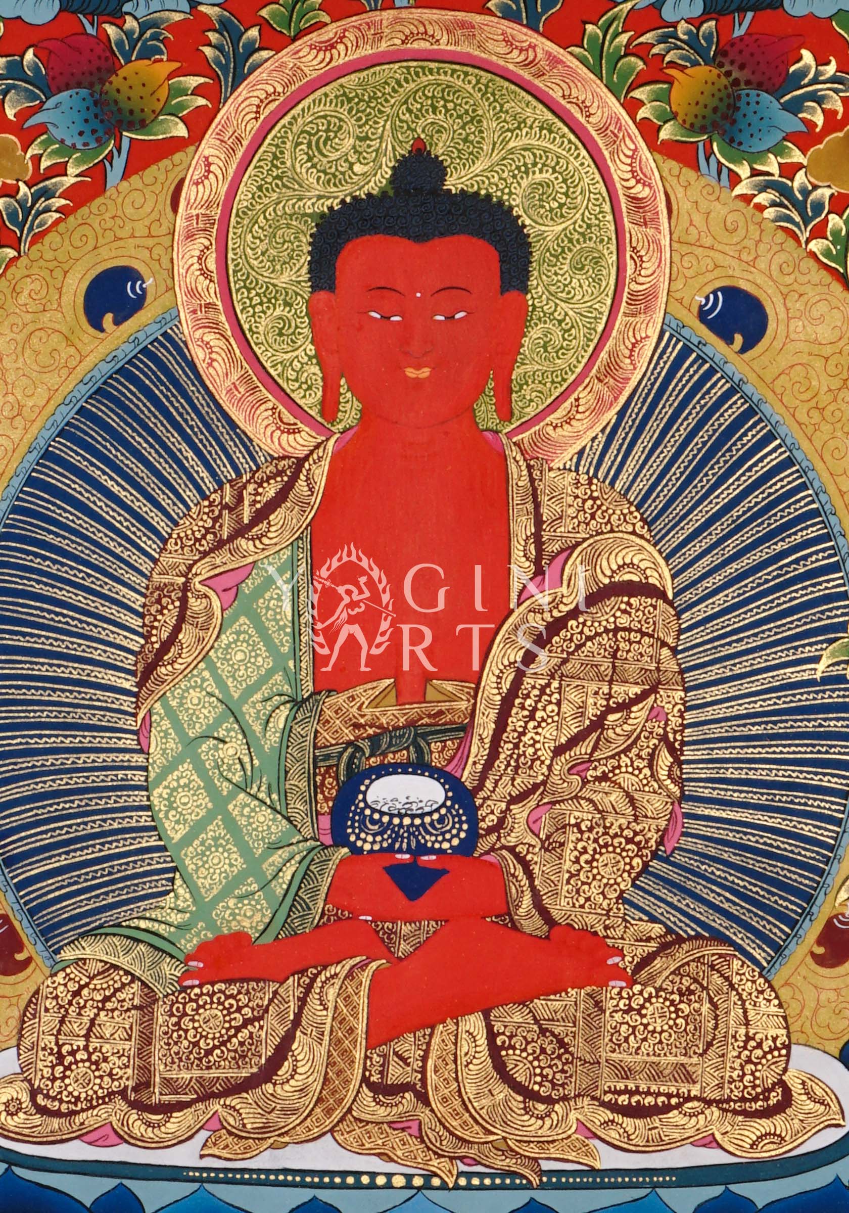 Amitabha Buddha thangka featuring the Buddha of Infinite Light seated in meditation surrounded by Five Dhyani Buddhas and intricate gold detailing