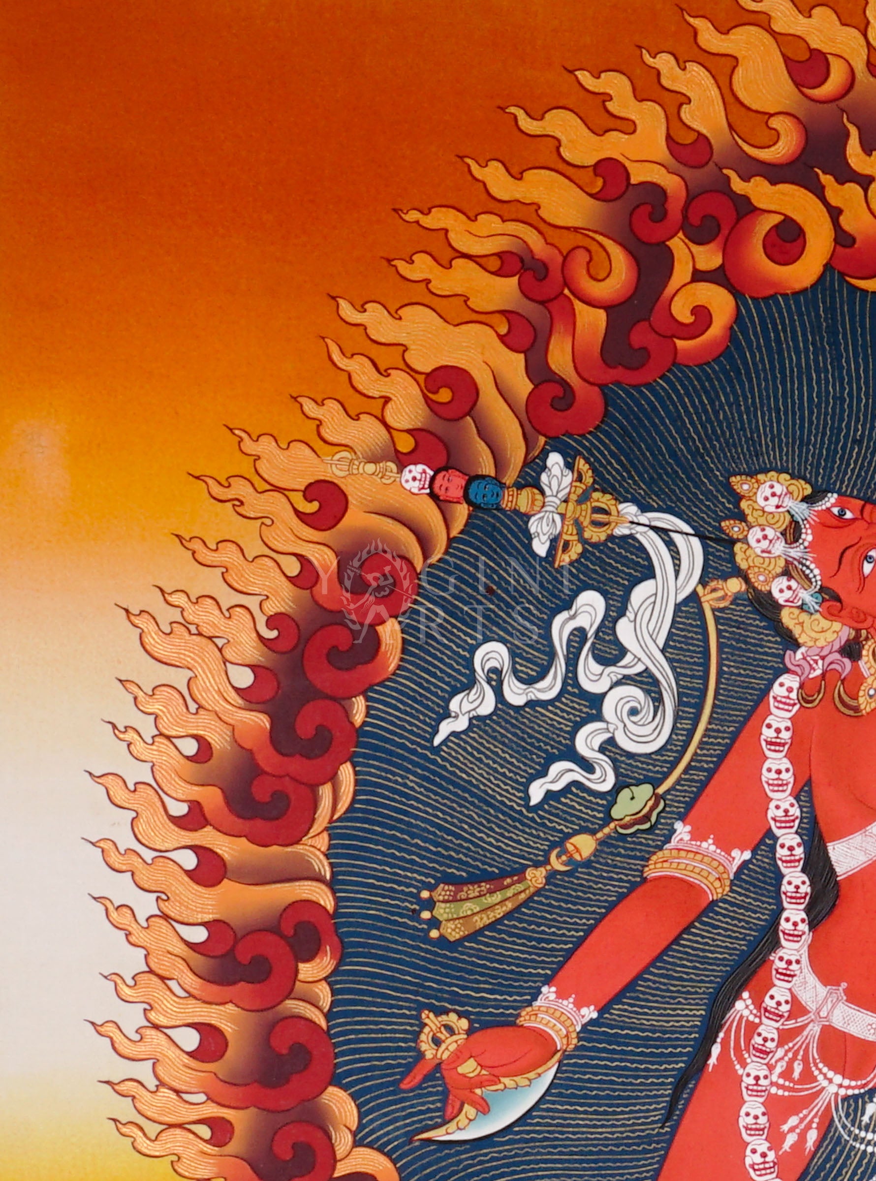 Vajrayogini thangka showing the red tantric Buddhist dakini dancing with skull garland, holding a kapala and ritual knife within a flaming aura.