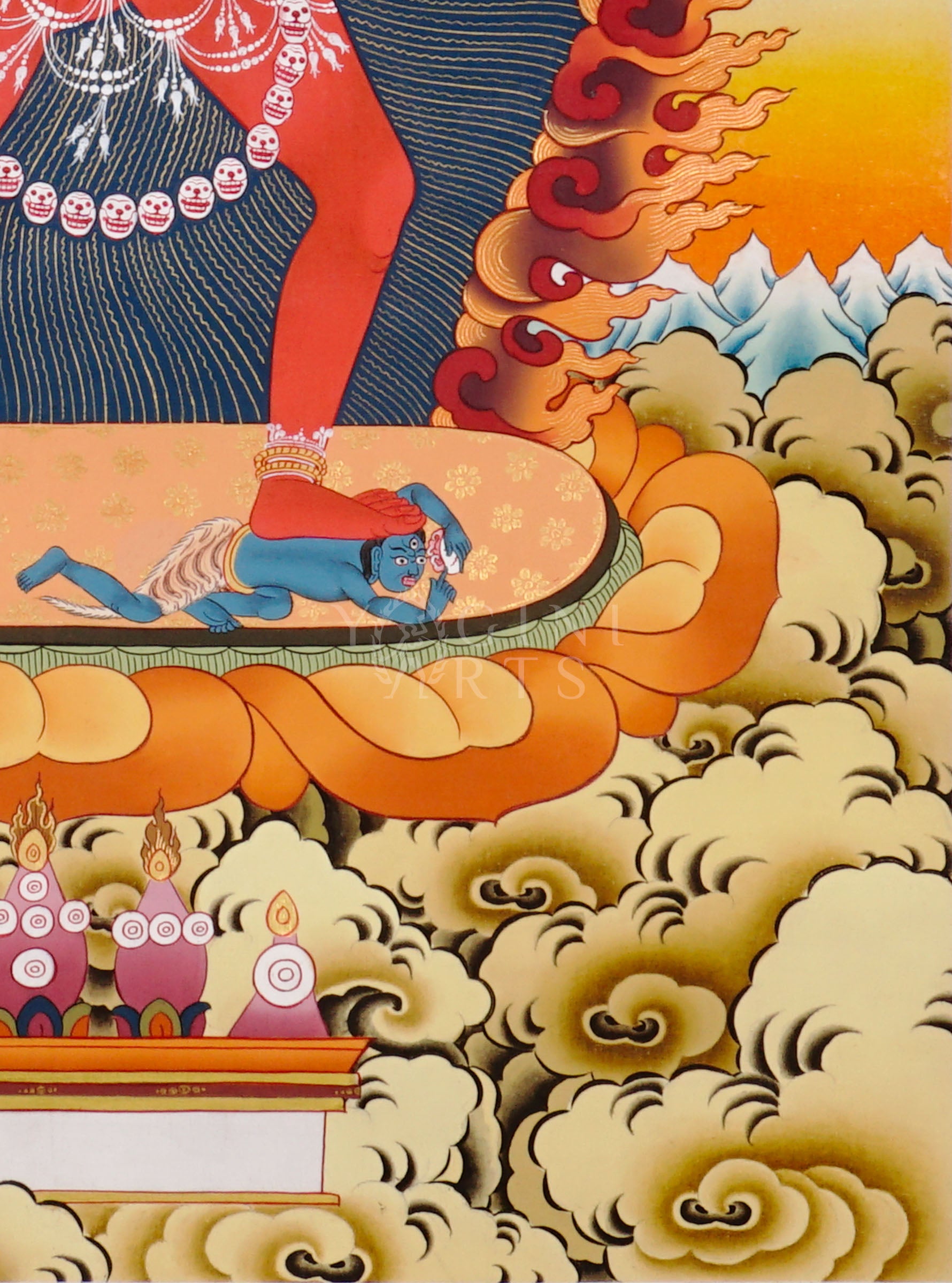 Vajrayogini thangka showing the red tantric Buddhist dakini dancing with skull garland, holding a kapala and ritual knife within a flaming aura.