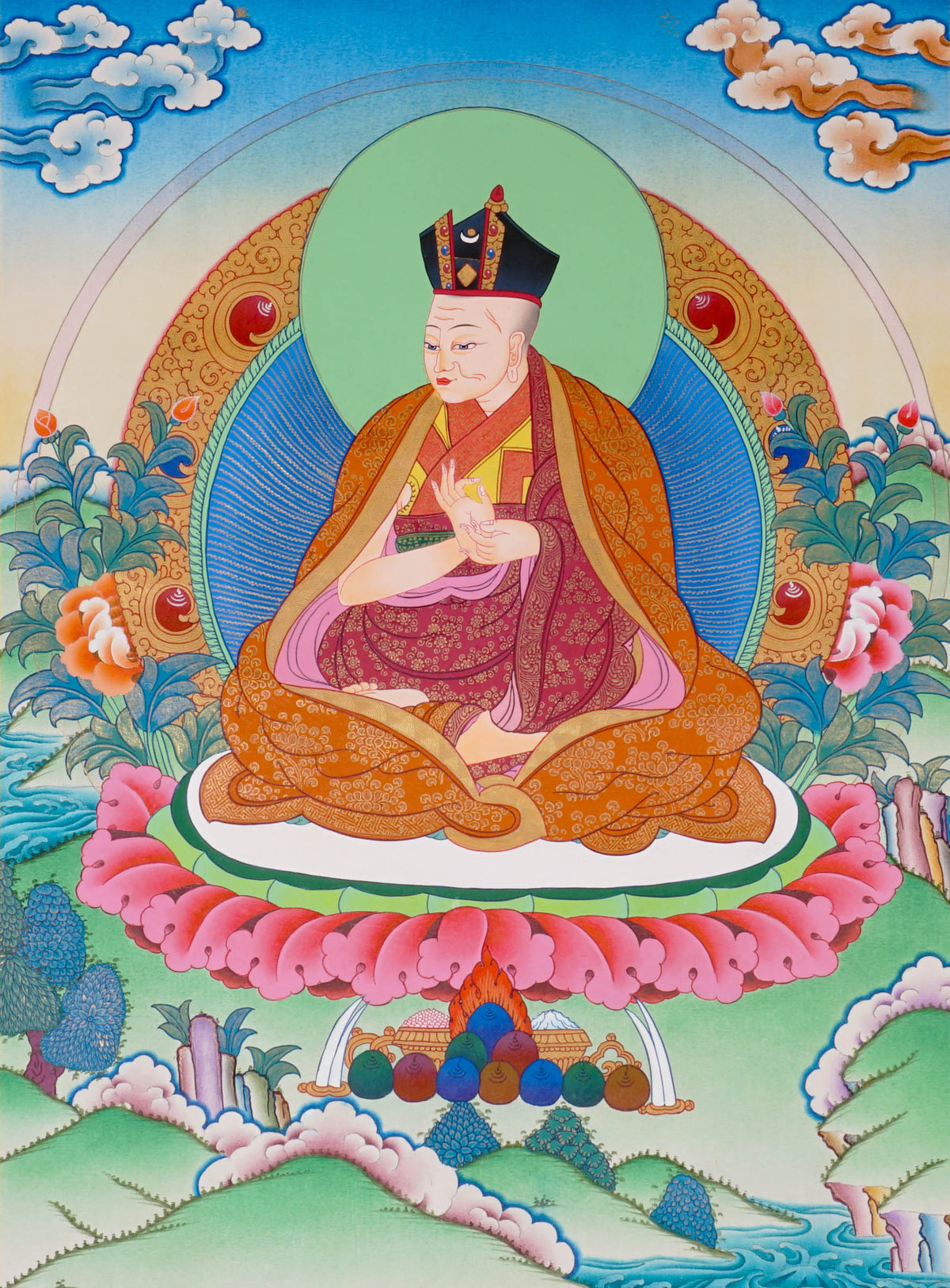 Sixteen Karmapas Tibetan Buddhist thangka set featuring lineage masters seated on lotus thrones with traditional Himalayan landscapes and gold detailing