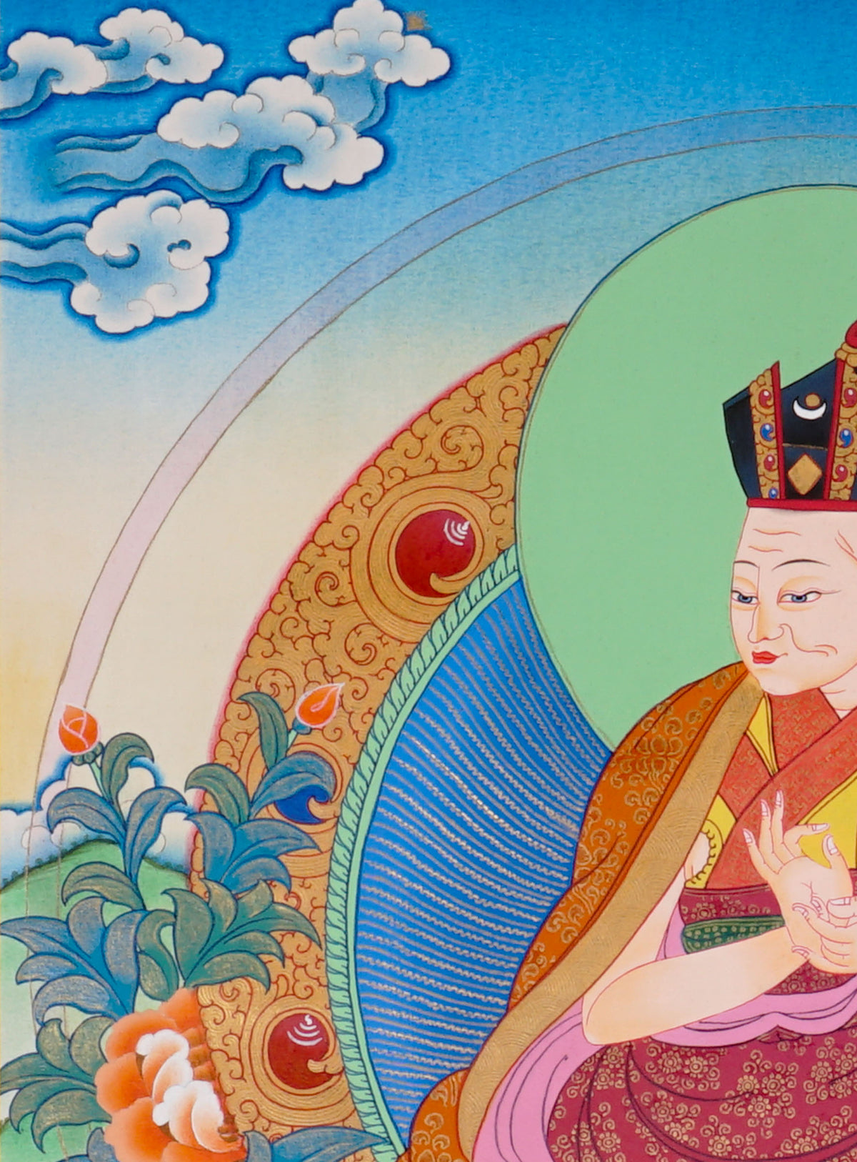 Sixteen Karmapas Tibetan Buddhist thangka set featuring lineage masters seated on lotus thrones with traditional Himalayan landscapes and gold detailing