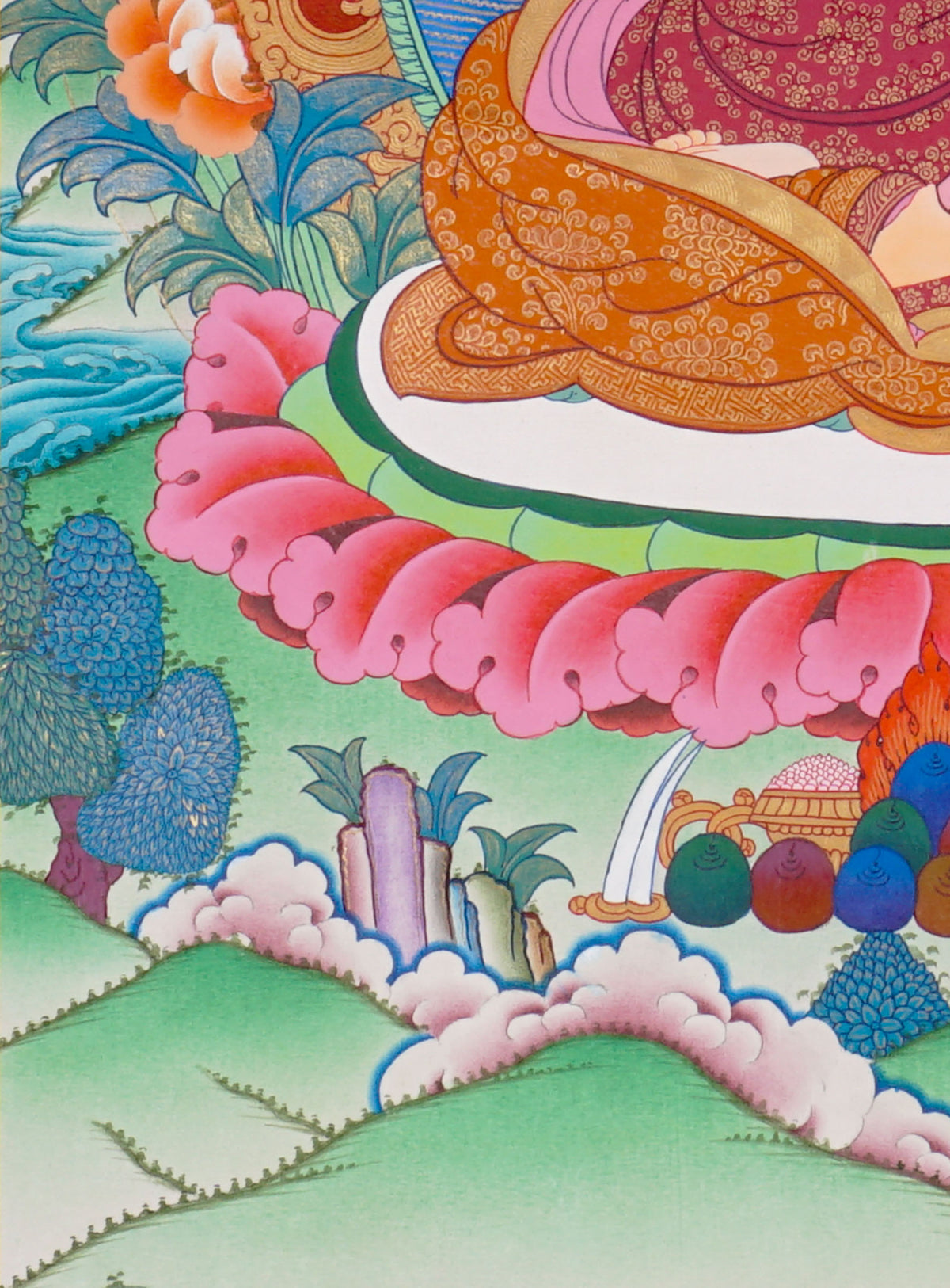 Sixteen Karmapas Tibetan Buddhist thangka set featuring lineage masters seated on lotus thrones with traditional Himalayan landscapes and gold detailing