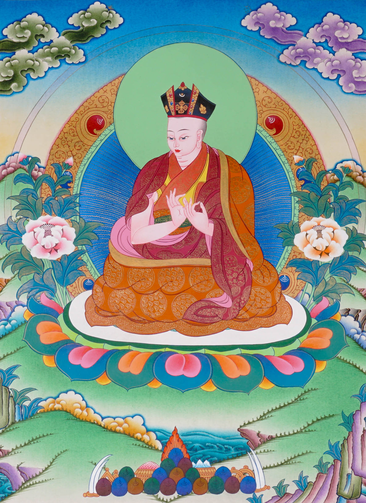 Sixteen Karmapas Tibetan Buddhist thangka set featuring lineage masters seated on lotus thrones with traditional Himalayan landscapes and gold detailing