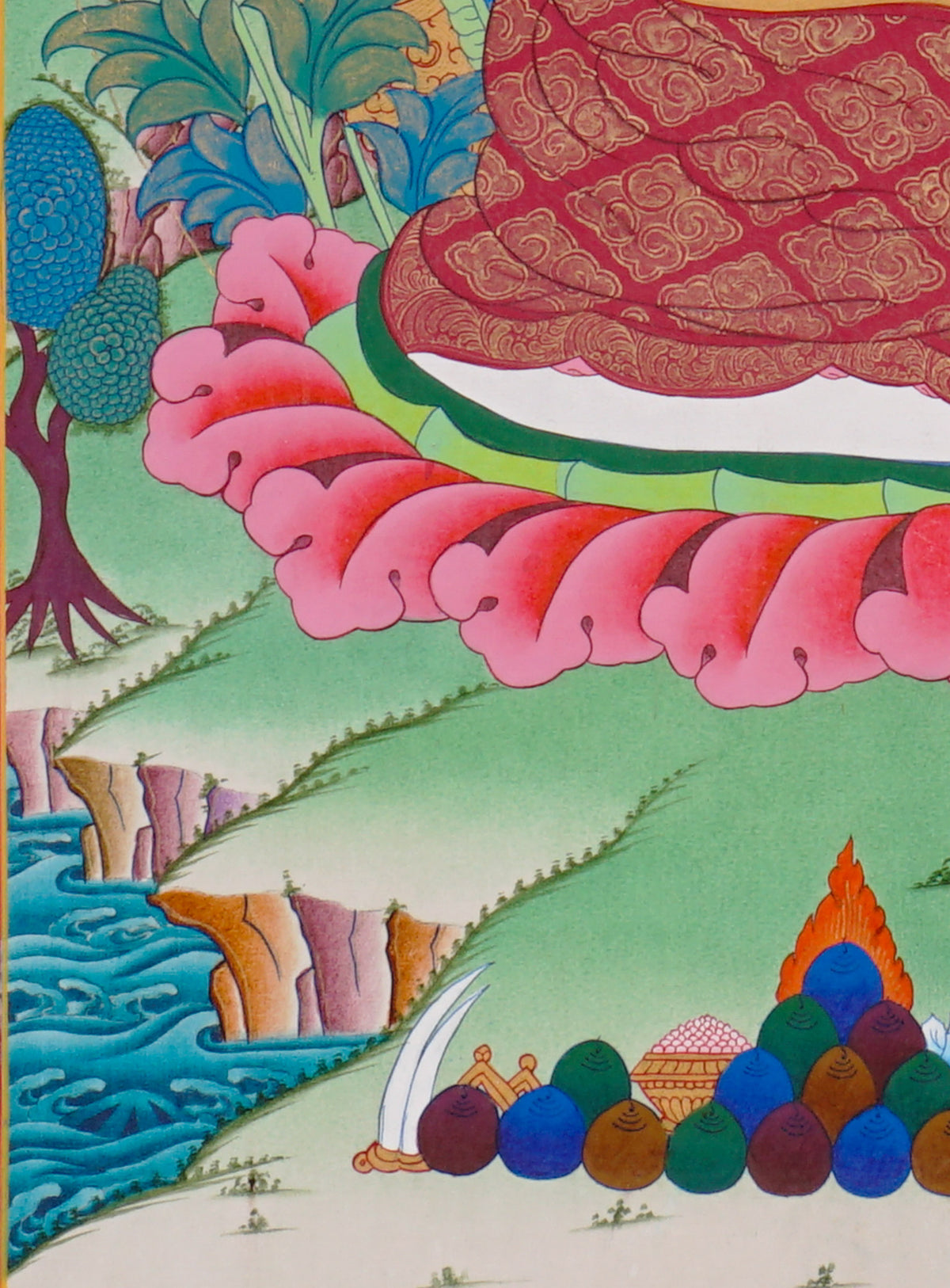 Sixteen Karmapas Tibetan Buddhist thangka set featuring lineage masters seated on lotus thrones with traditional Himalayan landscapes and gold detailing