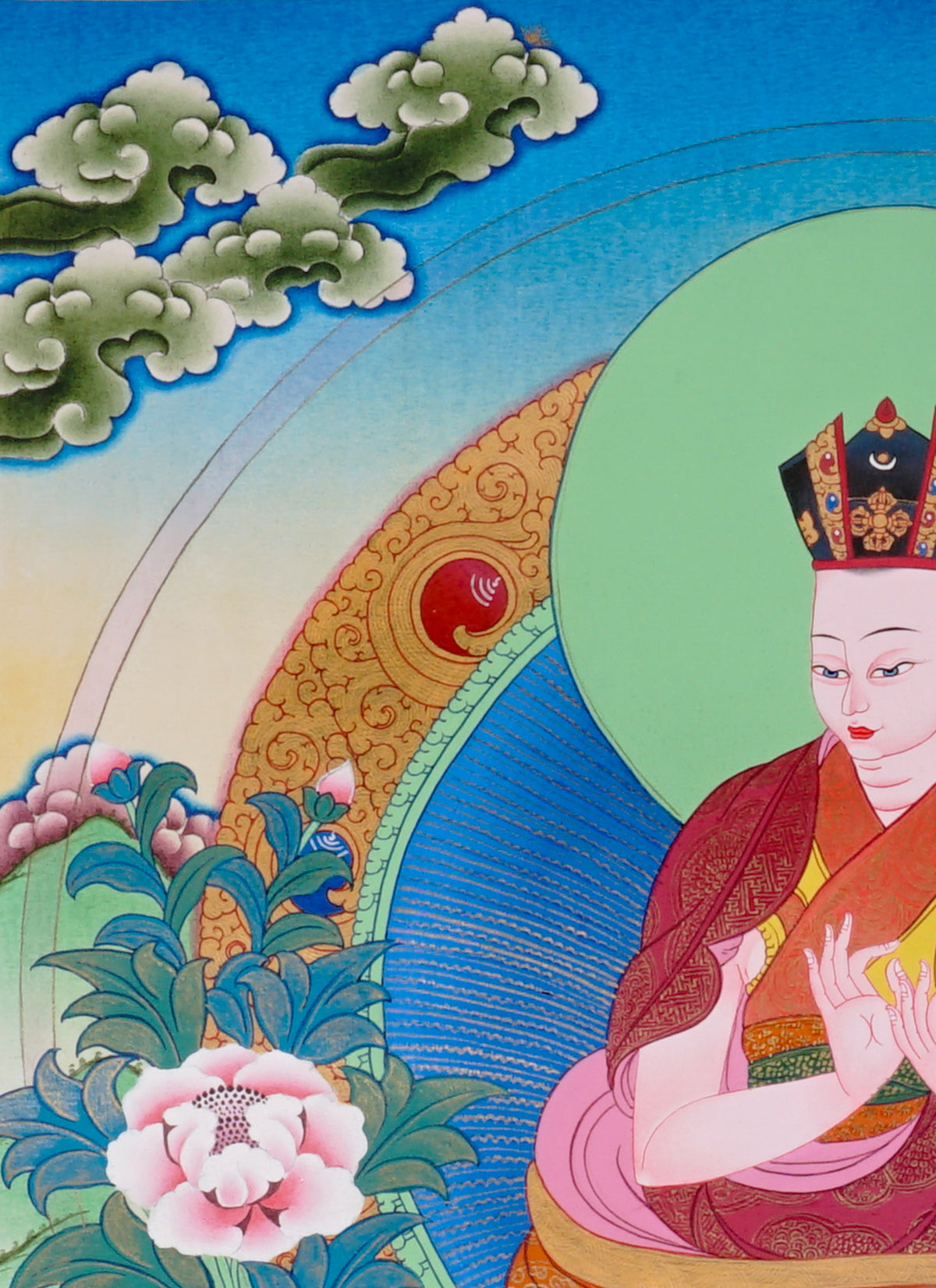 Sixteen Karmapas Tibetan Buddhist thangka set featuring lineage masters seated on lotus thrones with traditional Himalayan landscapes and gold detailing