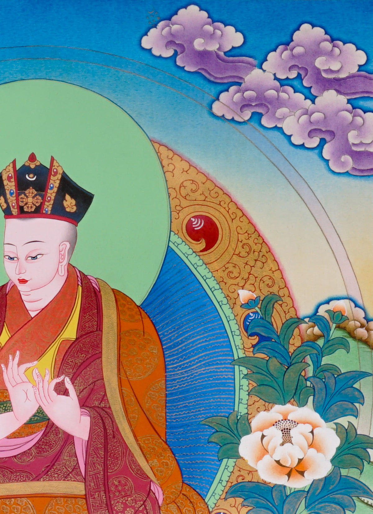 Sixteen Karmapas Tibetan Buddhist thangka set featuring lineage masters seated on lotus thrones with traditional Himalayan landscapes and gold detailing