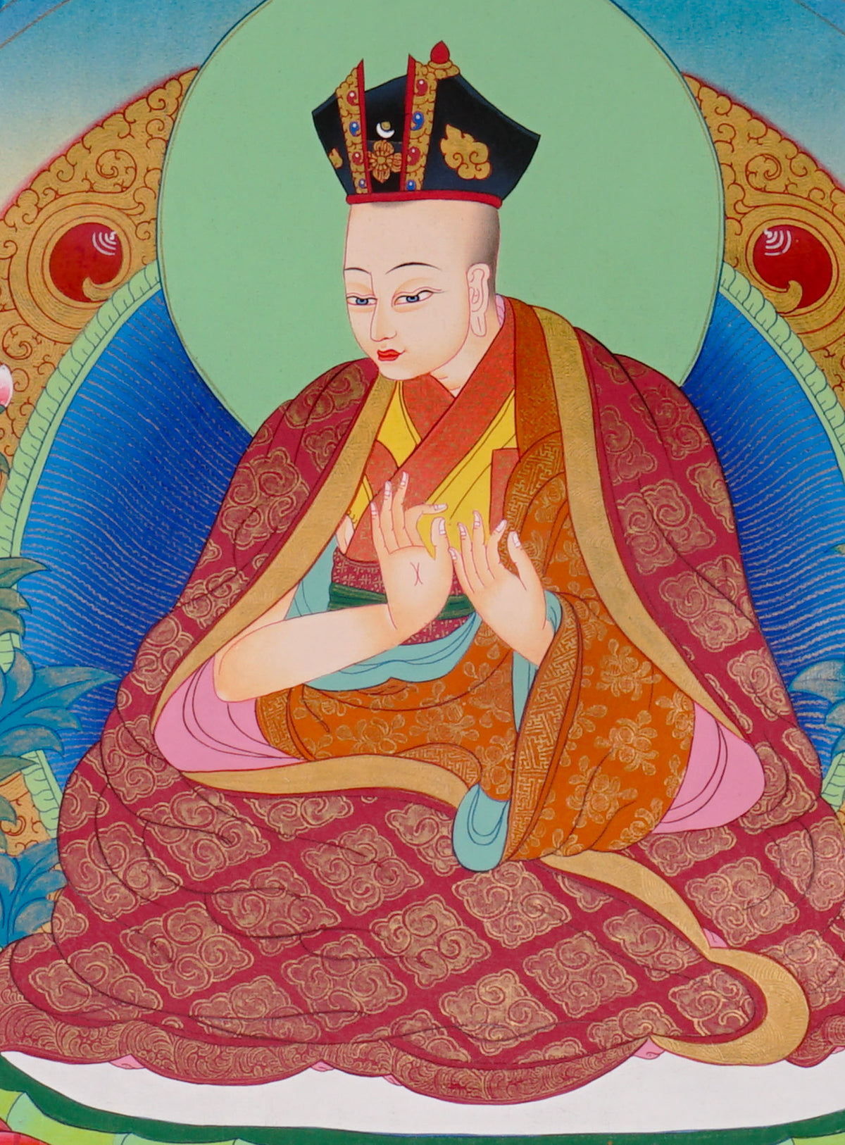 Sixteen Karmapas Tibetan Buddhist thangka set featuring lineage masters seated on lotus thrones with traditional Himalayan landscapes and gold detailing