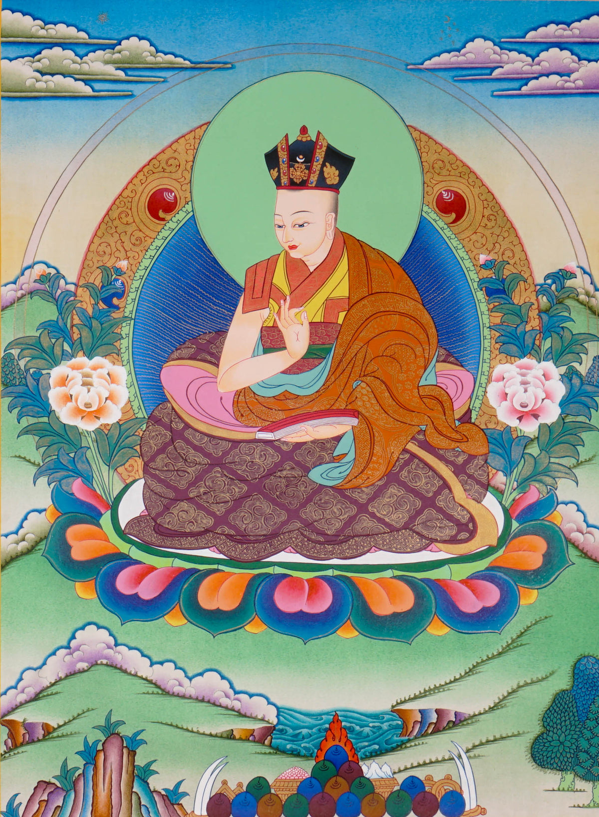 Sixteen Karmapas Tibetan Buddhist thangka set featuring lineage masters seated on lotus thrones with traditional Himalayan landscapes and gold detailing