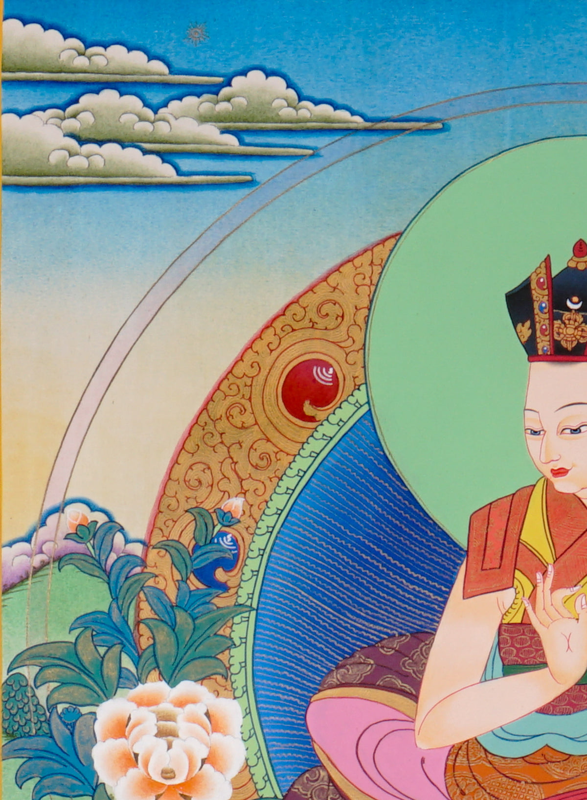 Sixteen Karmapas Tibetan Buddhist thangka set featuring lineage masters seated on lotus thrones with traditional Himalayan landscapes and gold detailing