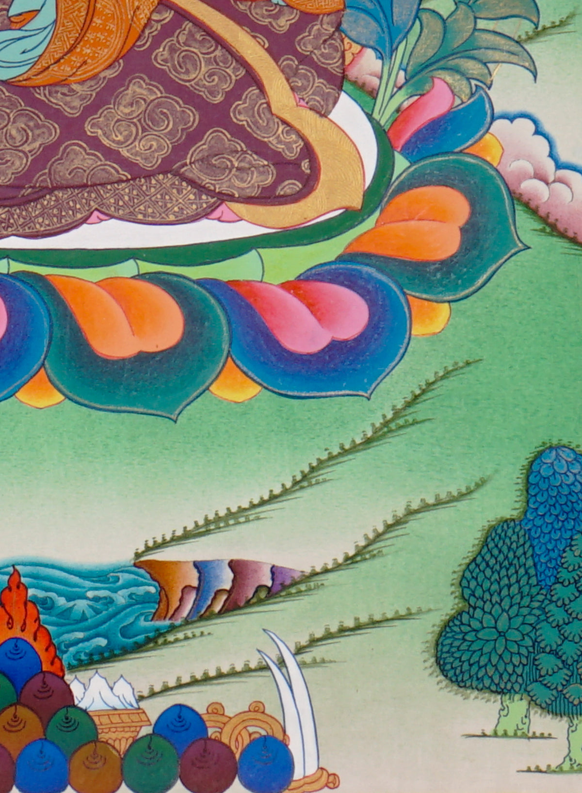 Sixteen Karmapas Tibetan Buddhist thangka set featuring lineage masters seated on lotus thrones with traditional Himalayan landscapes and gold detailing