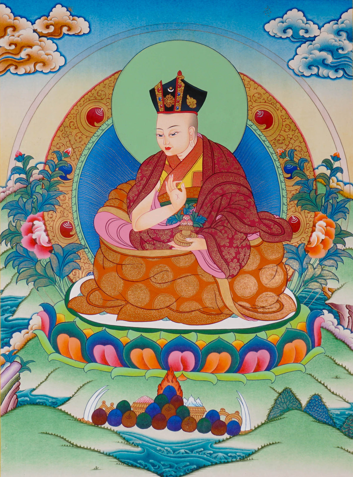Sixteen Karmapas Tibetan Buddhist thangka set featuring lineage masters seated on lotus thrones with traditional Himalayan landscapes and gold detailing