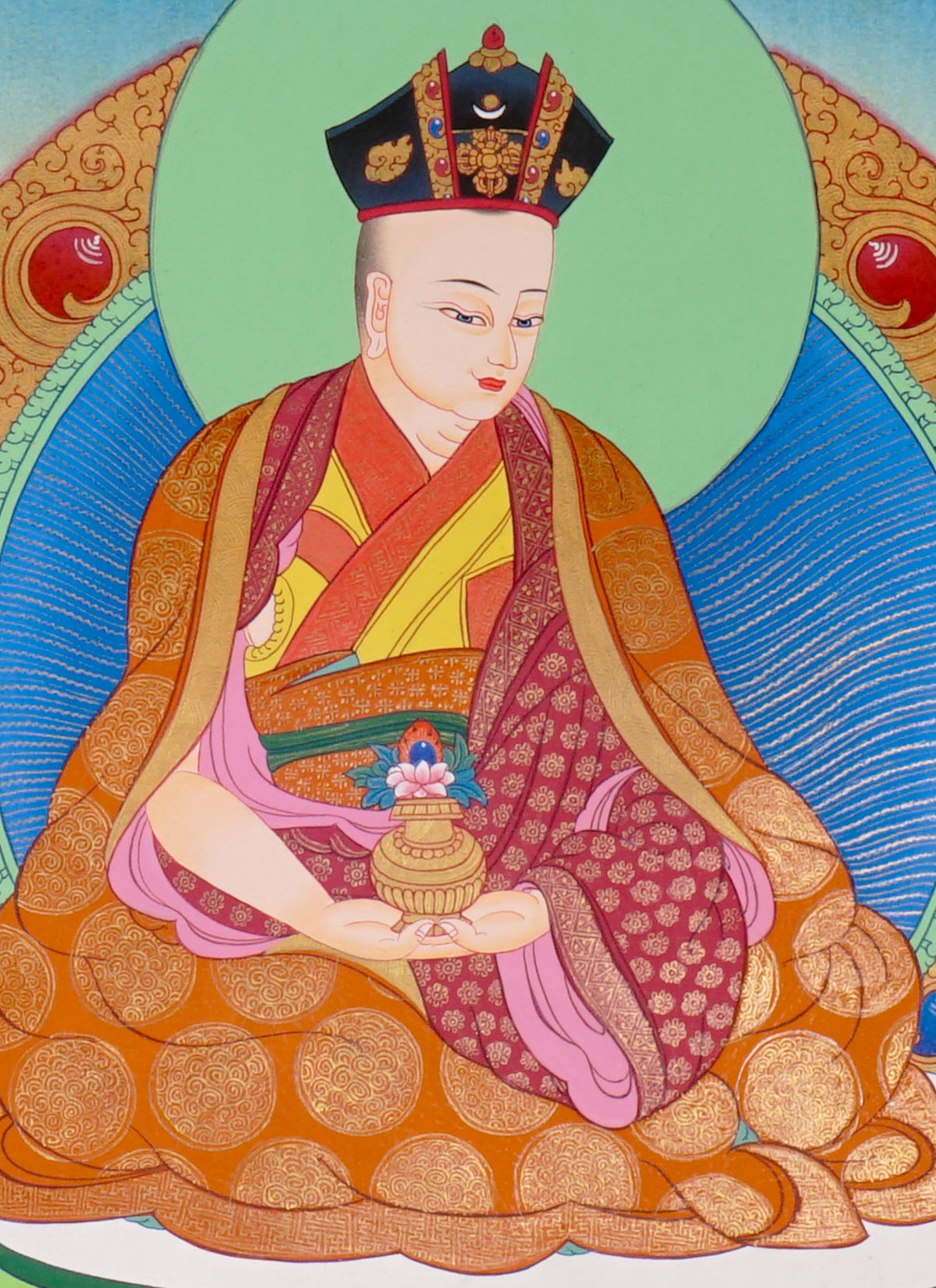 Sixteen Karmapas Tibetan Buddhist thangka set featuring lineage masters seated on lotus thrones with traditional Himalayan landscapes and gold detailing