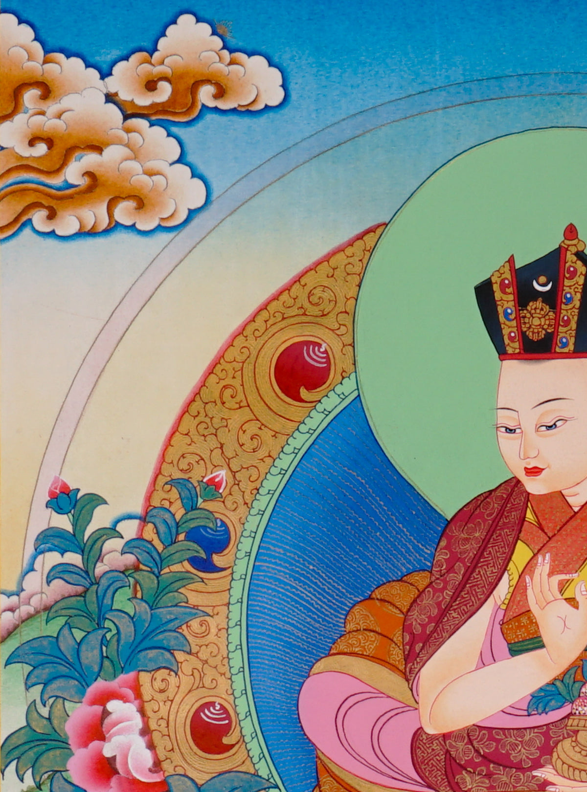 Sixteen Karmapas Tibetan Buddhist thangka set featuring lineage masters seated on lotus thrones with traditional Himalayan landscapes and gold detailing