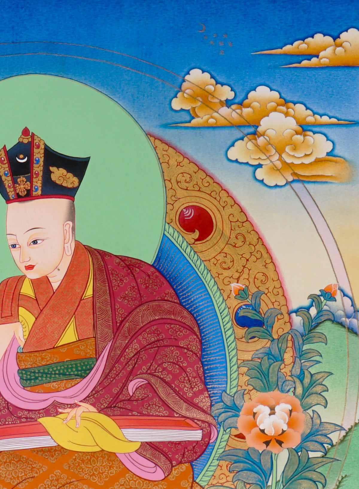Sixteen Karmapas Tibetan Buddhist thangka set featuring lineage masters seated on lotus thrones with traditional Himalayan landscapes and gold detailing