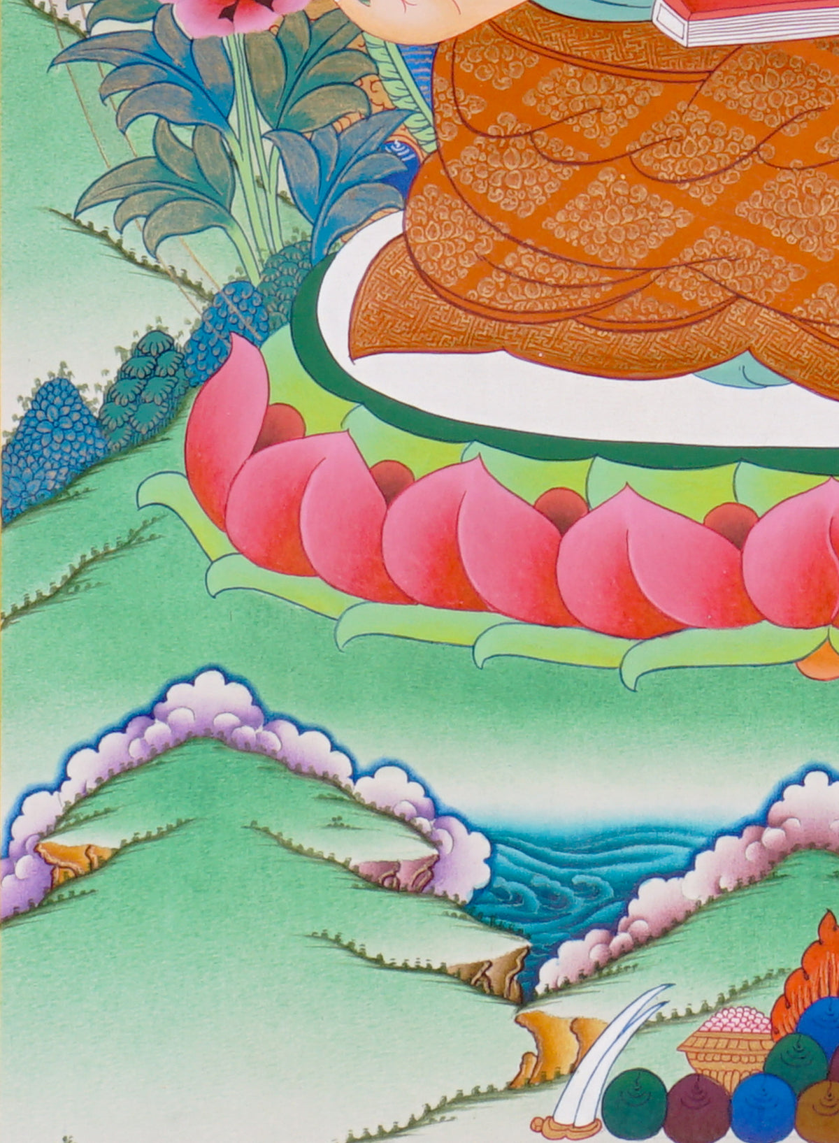 Sixteen Karmapas Tibetan Buddhist thangka set featuring lineage masters seated on lotus thrones with traditional Himalayan landscapes and gold detailing