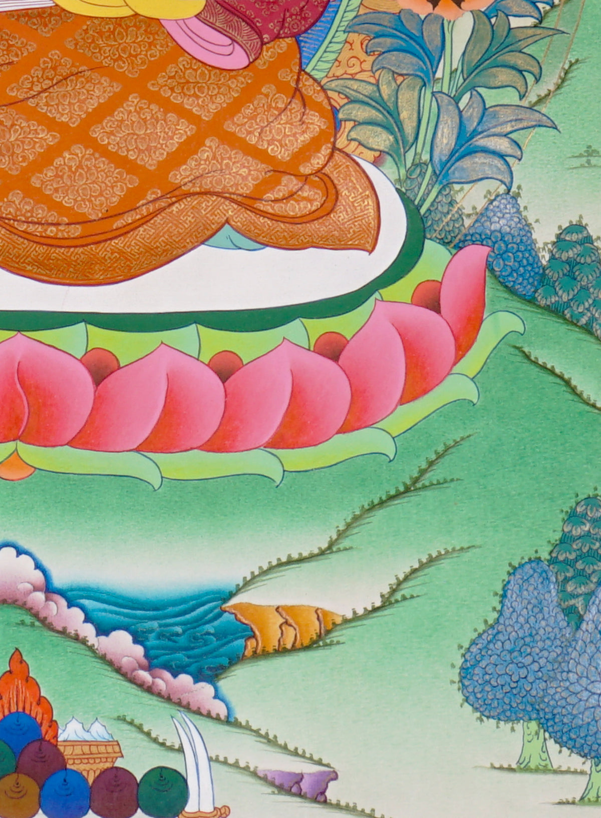 Sixteen Karmapas Tibetan Buddhist thangka set featuring lineage masters seated on lotus thrones with traditional Himalayan landscapes and gold detailing