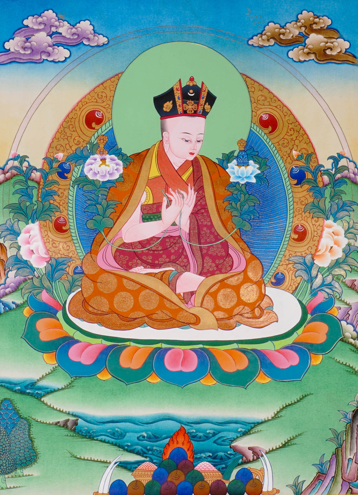 Sixteen Karmapas Tibetan Buddhist thangka set featuring lineage masters seated on lotus thrones with traditional Himalayan landscapes and gold detailing