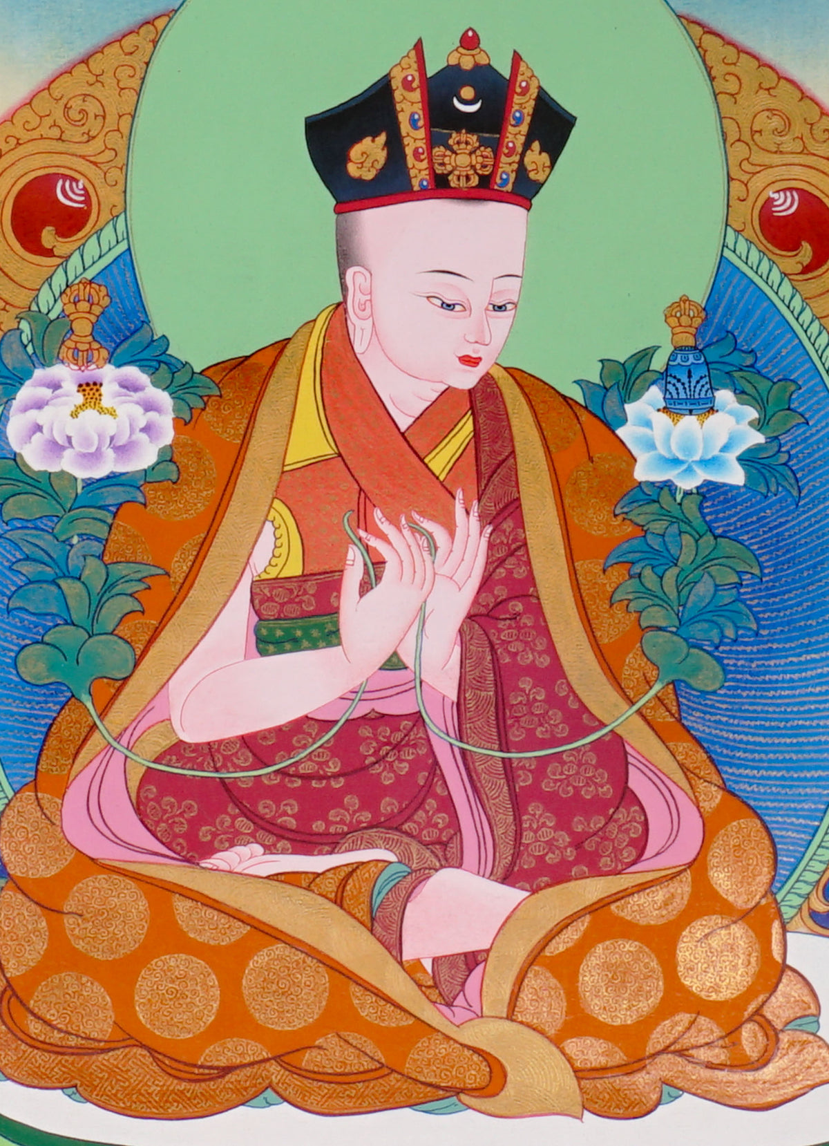 Sixteen Karmapas Tibetan Buddhist thangka set featuring lineage masters seated on lotus thrones with traditional Himalayan landscapes and gold detailing