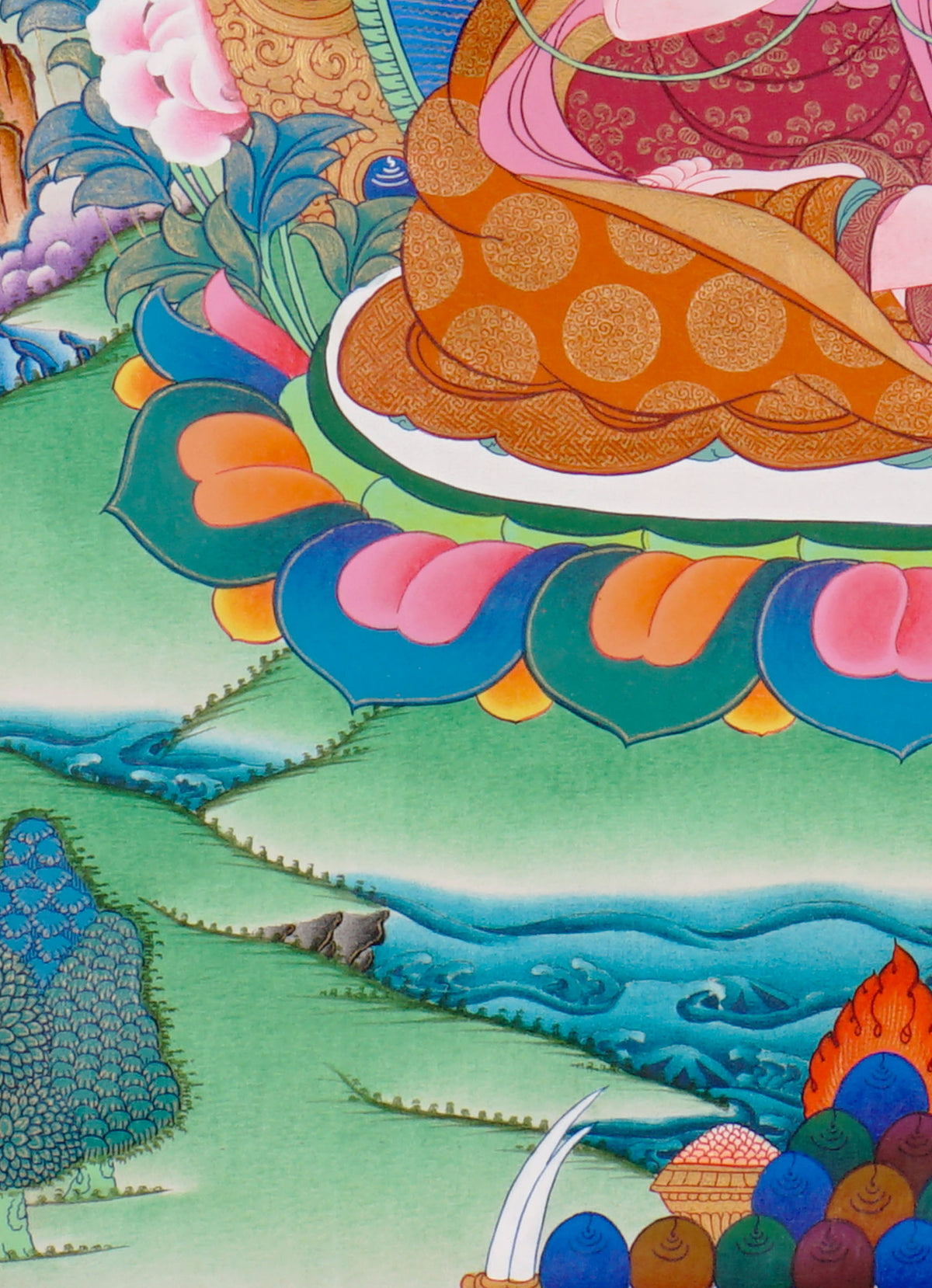 Sixteen Karmapas Tibetan Buddhist thangka set featuring lineage masters seated on lotus thrones with traditional Himalayan landscapes and gold detailing