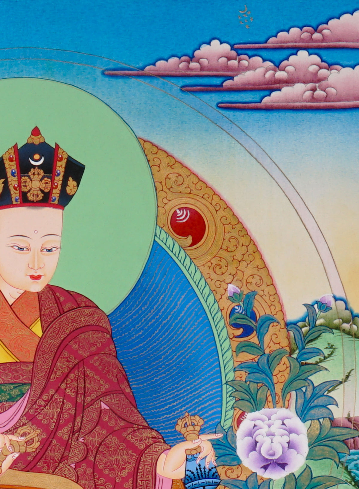 Sixteen Karmapas Tibetan Buddhist thangka set featuring lineage masters seated on lotus thrones with traditional Himalayan landscapes and gold detailing