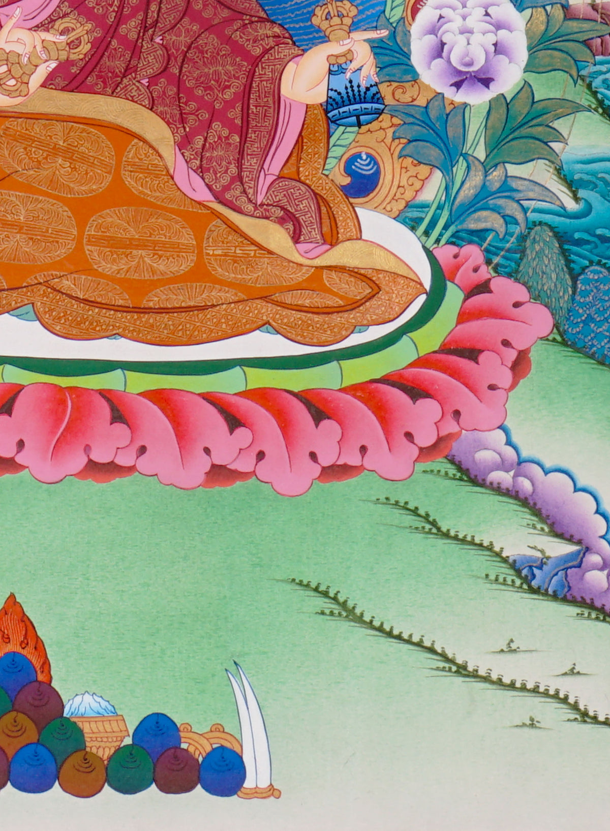 Sixteen Karmapas Tibetan Buddhist thangka set featuring lineage masters seated on lotus thrones with traditional Himalayan landscapes and gold detailing