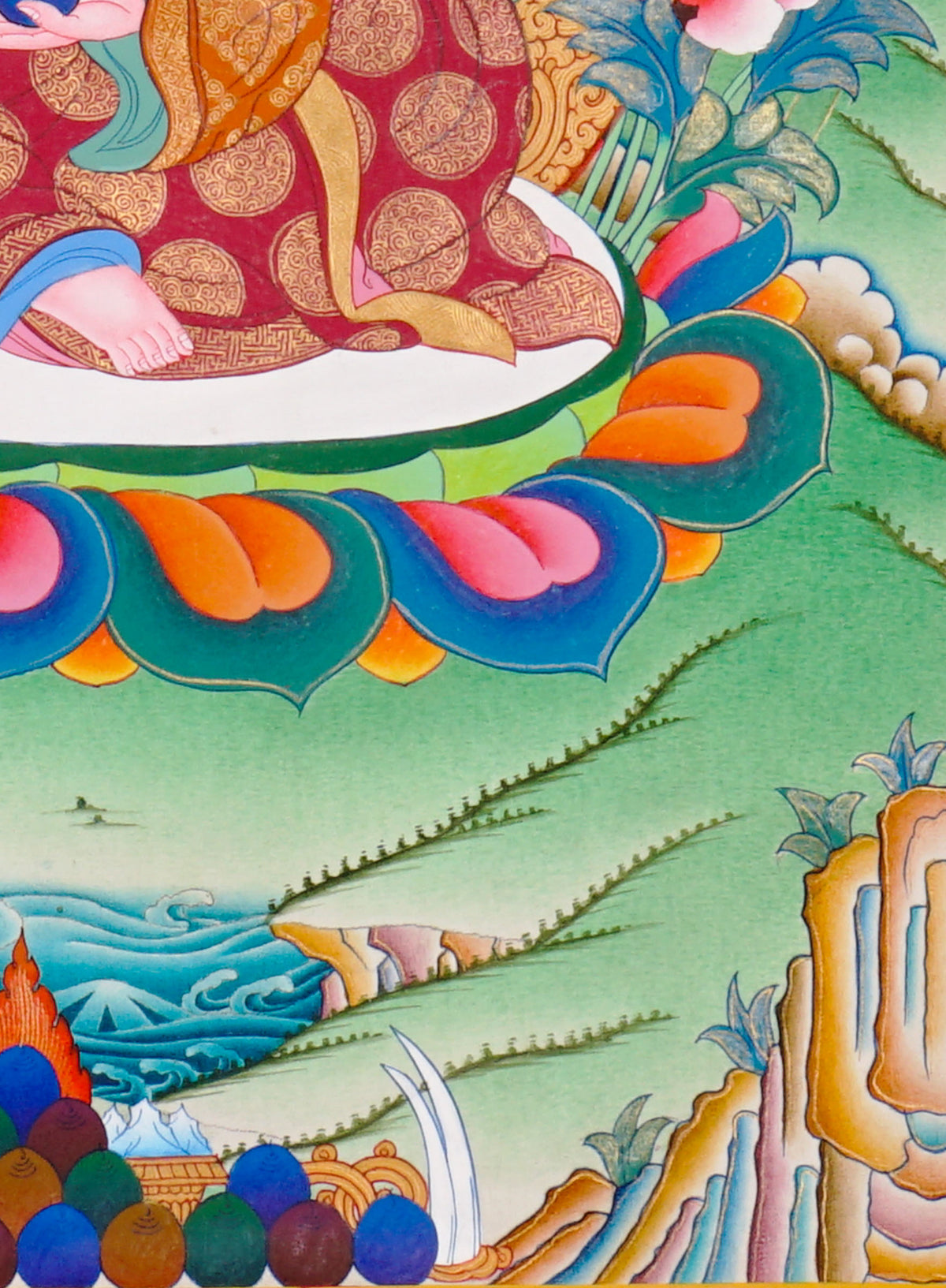 Sixteen Karmapas Tibetan Buddhist thangka set featuring lineage masters seated on lotus thrones with traditional Himalayan landscapes and gold detailing