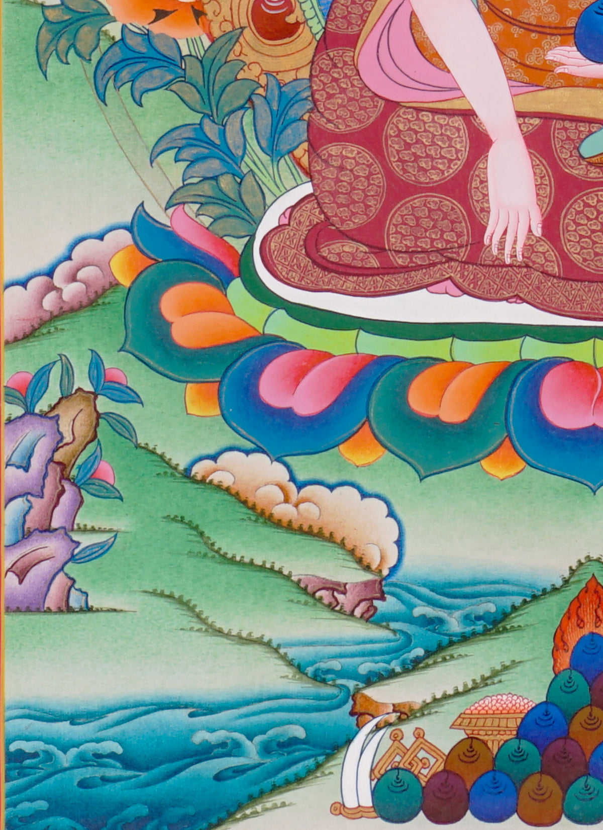 Sixteen Karmapas Tibetan Buddhist thangka set featuring lineage masters seated on lotus thrones with traditional Himalayan landscapes and gold detailing