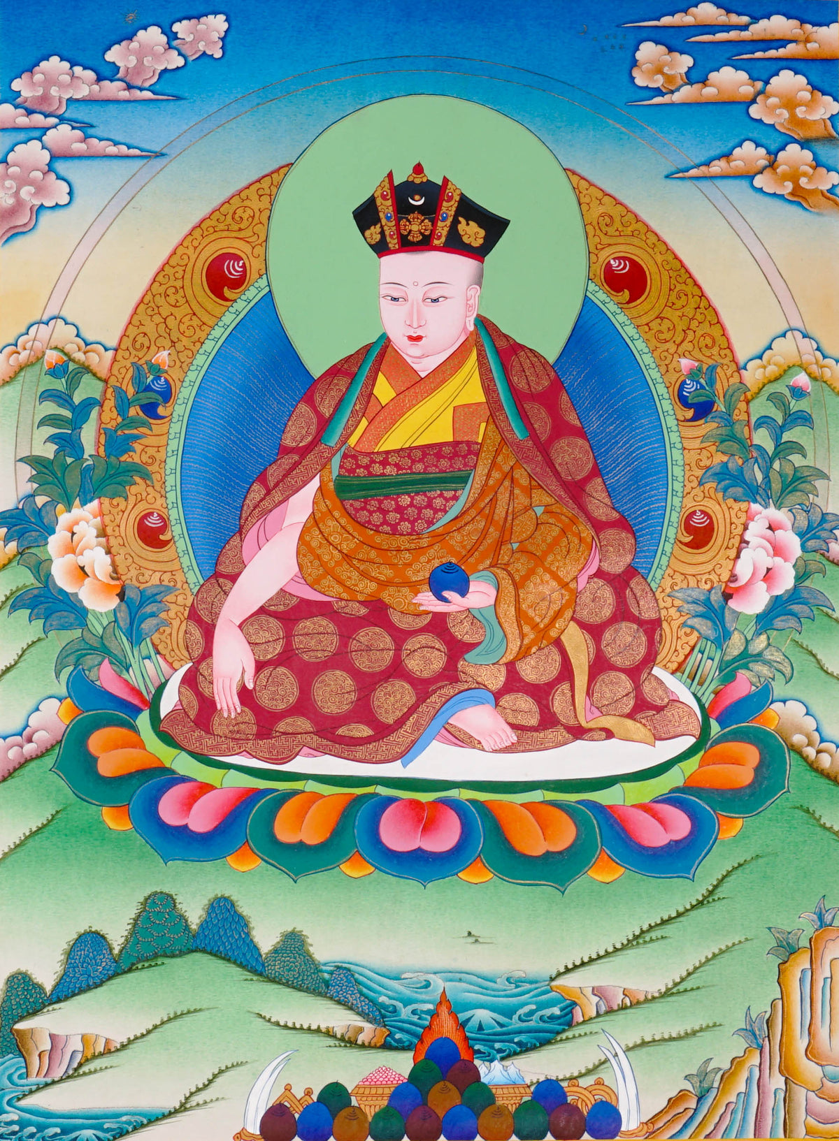 Sixteen Karmapas Tibetan Buddhist thangka set featuring lineage masters seated on lotus thrones with traditional Himalayan landscapes and gold detailing