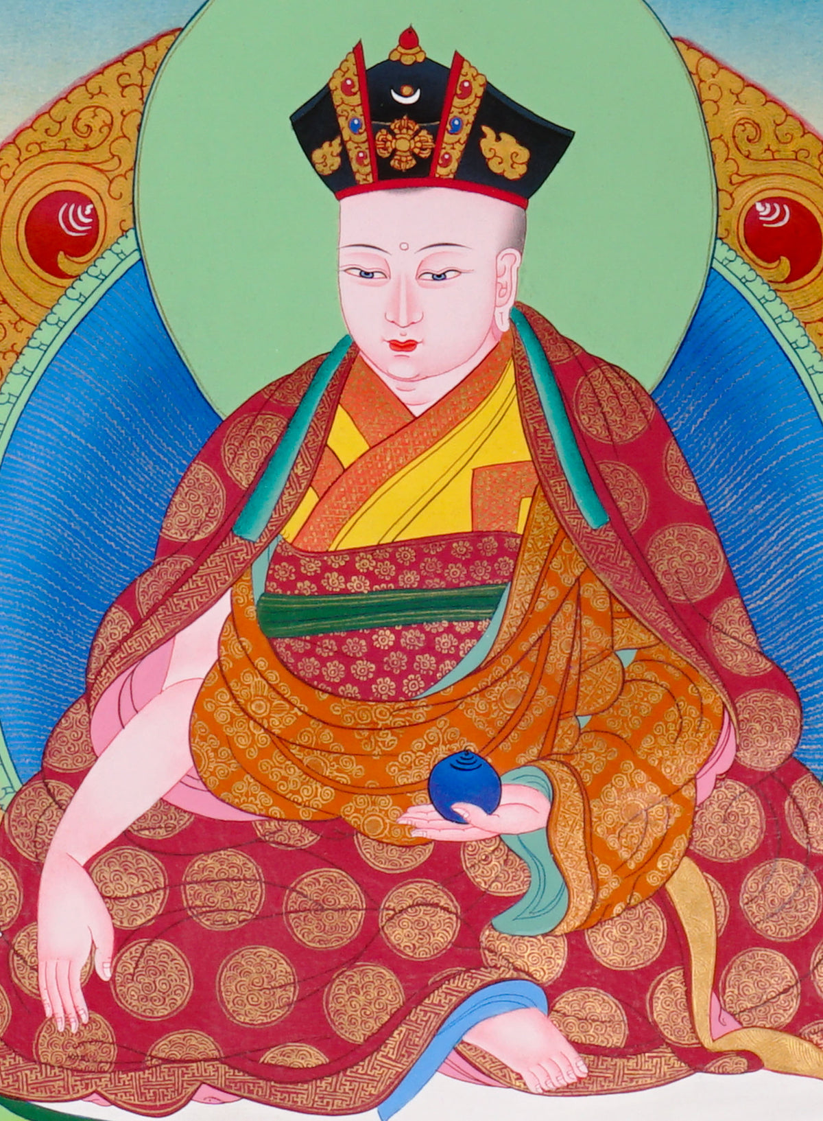 Sixteen Karmapas Tibetan Buddhist thangka set featuring lineage masters seated on lotus thrones with traditional Himalayan landscapes and gold detailing