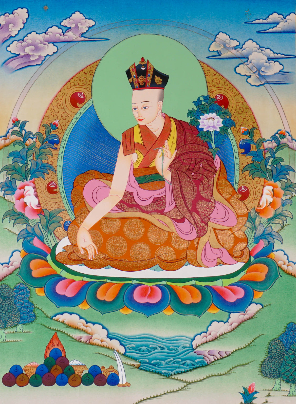 Sixteen Karmapas Tibetan Buddhist thangka set featuring lineage masters seated on lotus thrones with traditional Himalayan landscapes and gold detailing