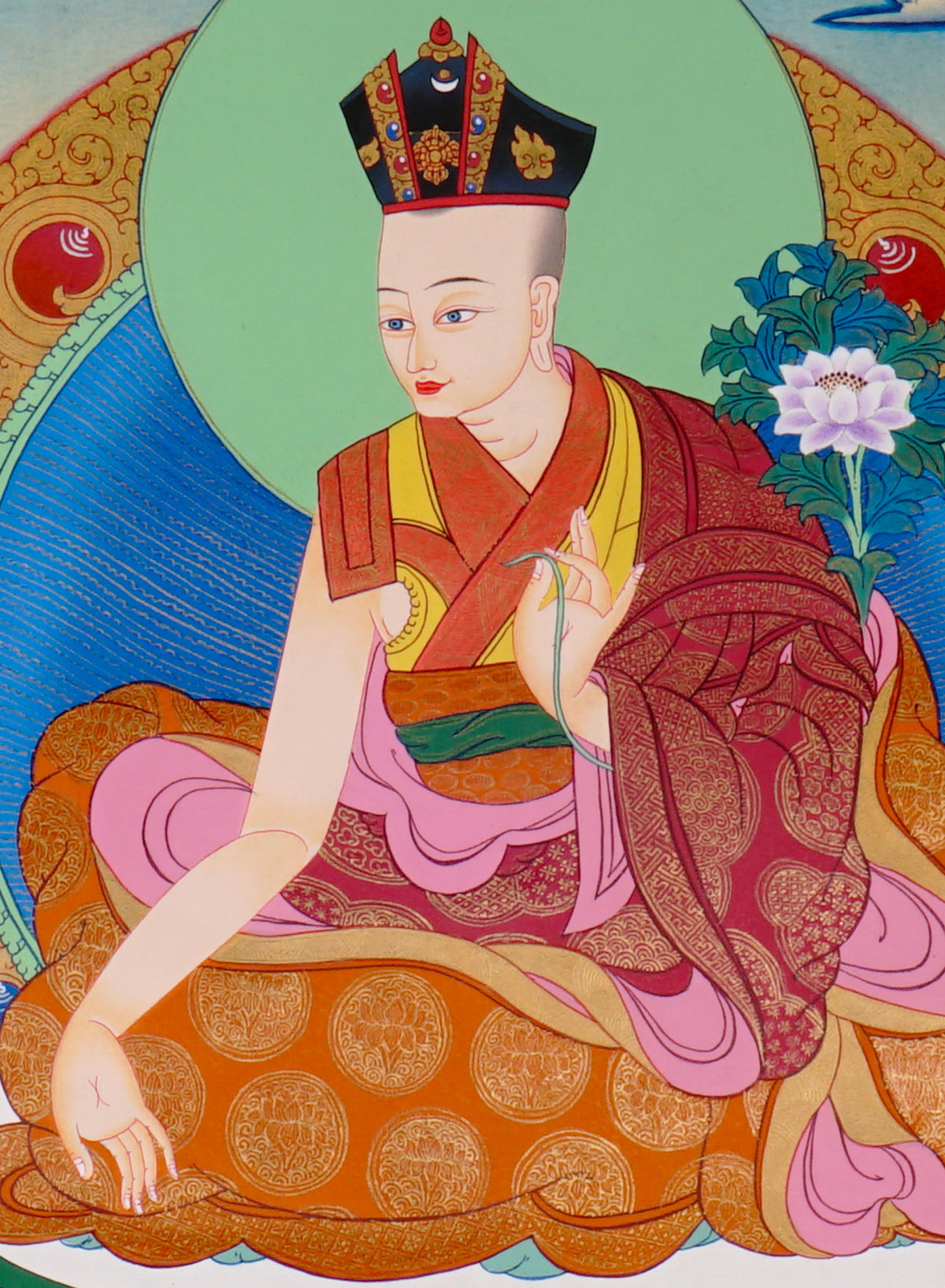 Sixteen Karmapas Tibetan Buddhist thangka set featuring lineage masters seated on lotus thrones with traditional Himalayan landscapes and gold detailing