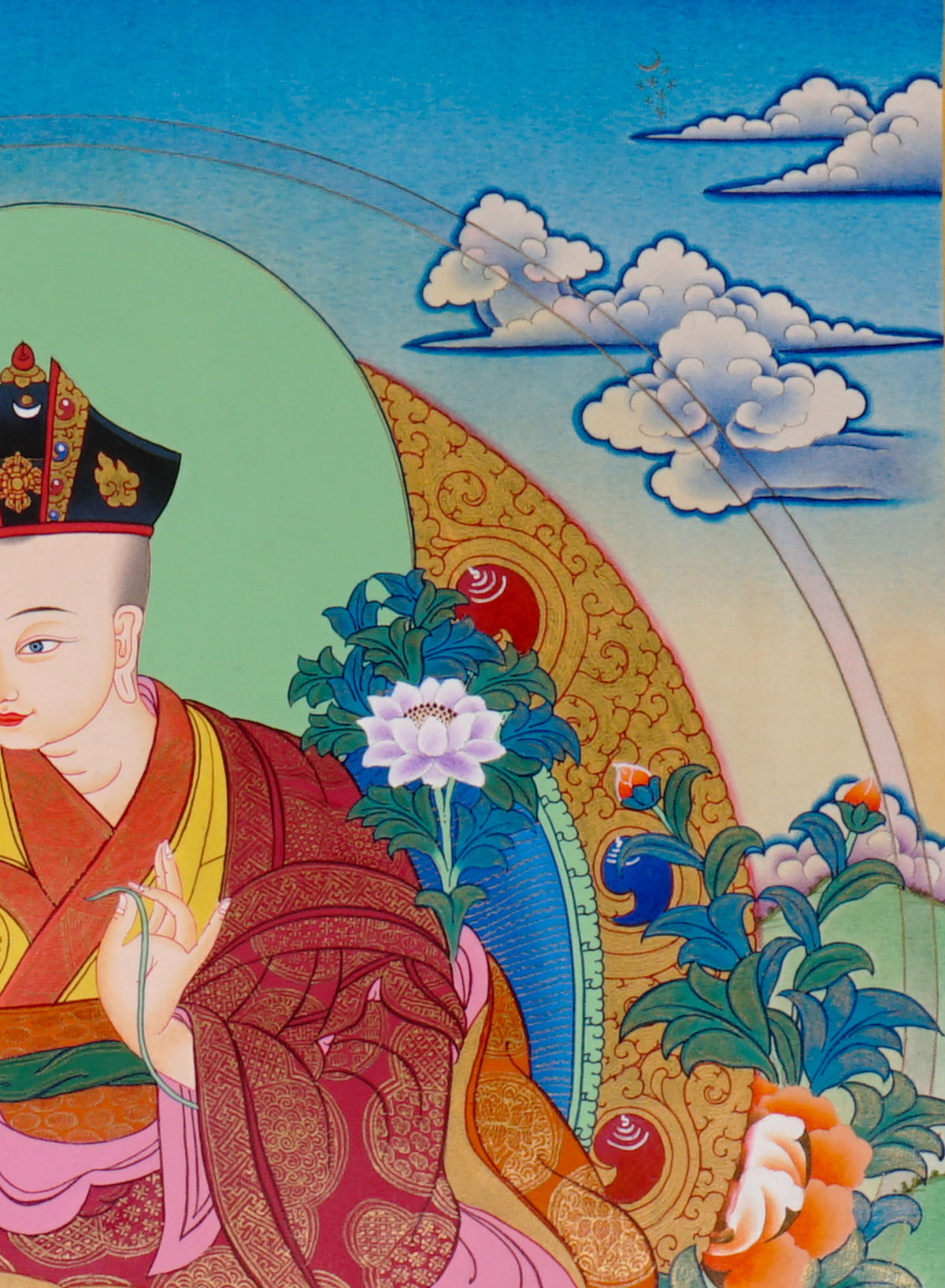 Sixteen Karmapas Tibetan Buddhist thangka set featuring lineage masters seated on lotus thrones with traditional Himalayan landscapes and gold detailing