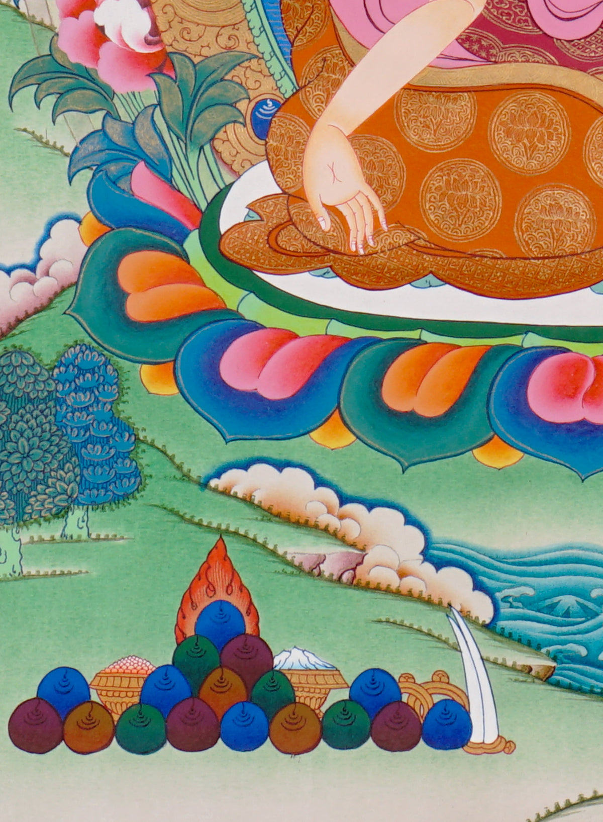 Sixteen Karmapas Tibetan Buddhist thangka set featuring lineage masters seated on lotus thrones with traditional Himalayan landscapes and gold detailing