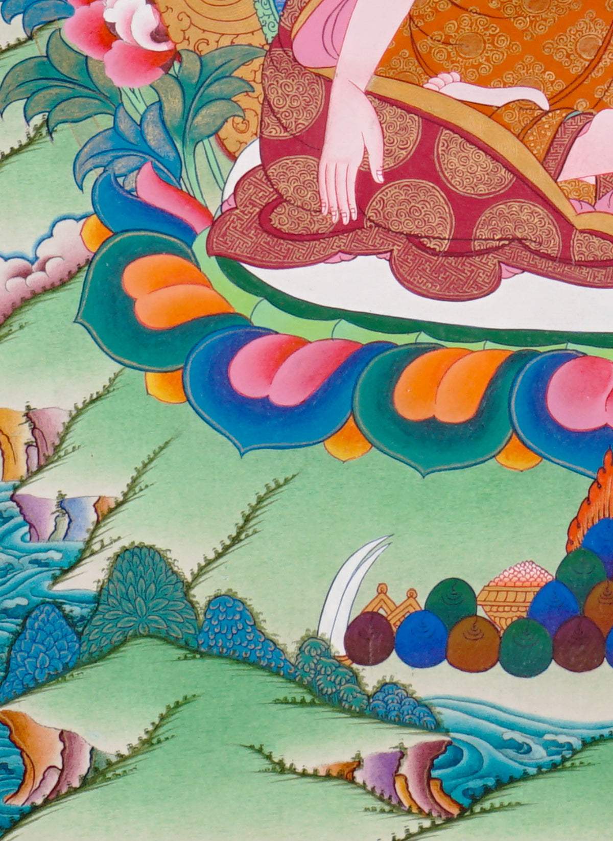 Sixteen Karmapas Tibetan Buddhist thangka set featuring lineage masters seated on lotus thrones with traditional Himalayan landscapes and gold detailing