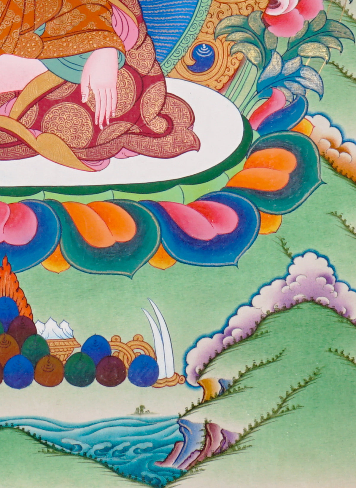 Sixteen Karmapas Tibetan Buddhist thangka set featuring lineage masters seated on lotus thrones with traditional Himalayan landscapes and gold detailing