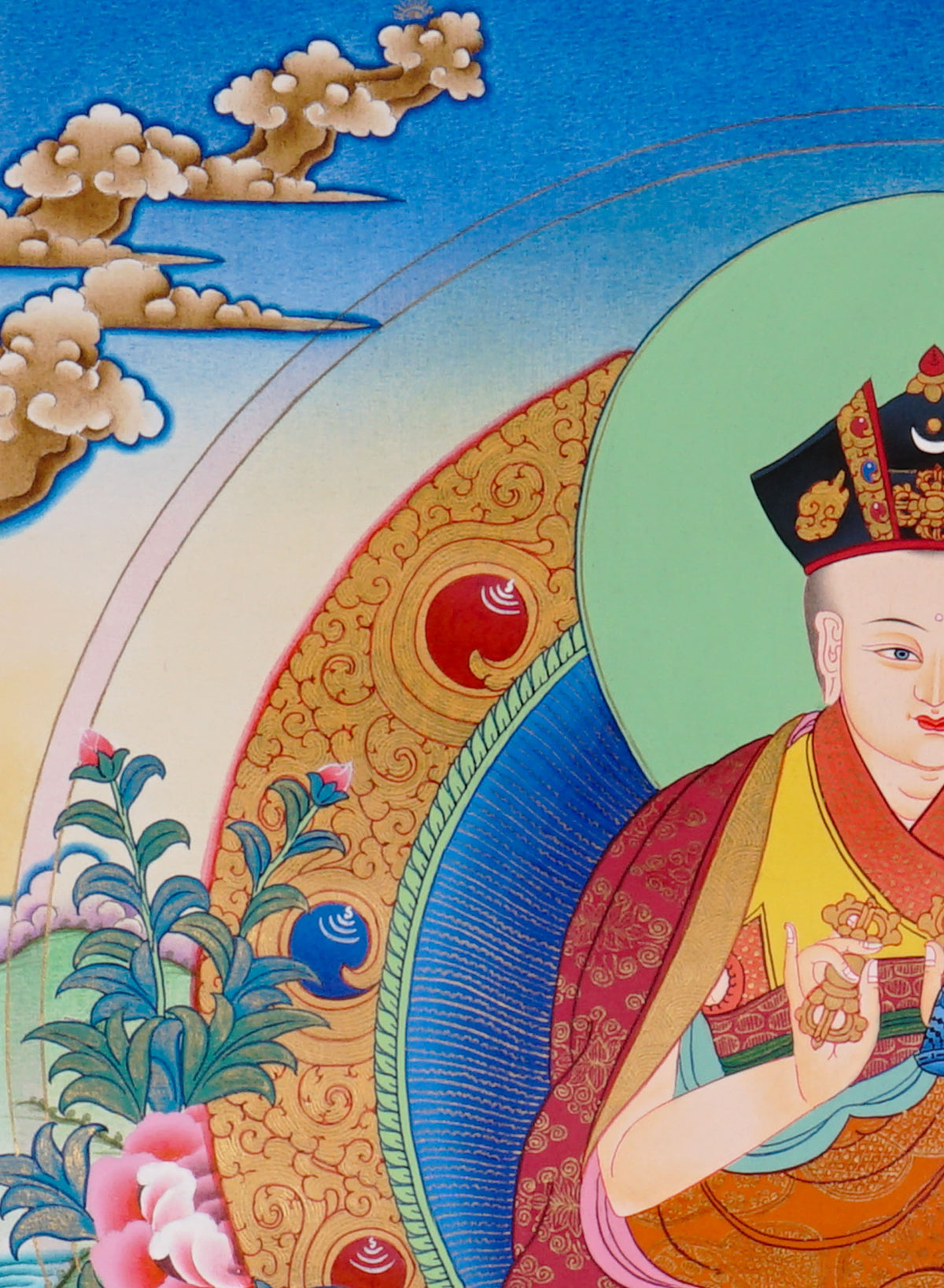 Sixteen Karmapas Tibetan Buddhist thangka set featuring lineage masters seated on lotus thrones with traditional Himalayan landscapes and gold detailing