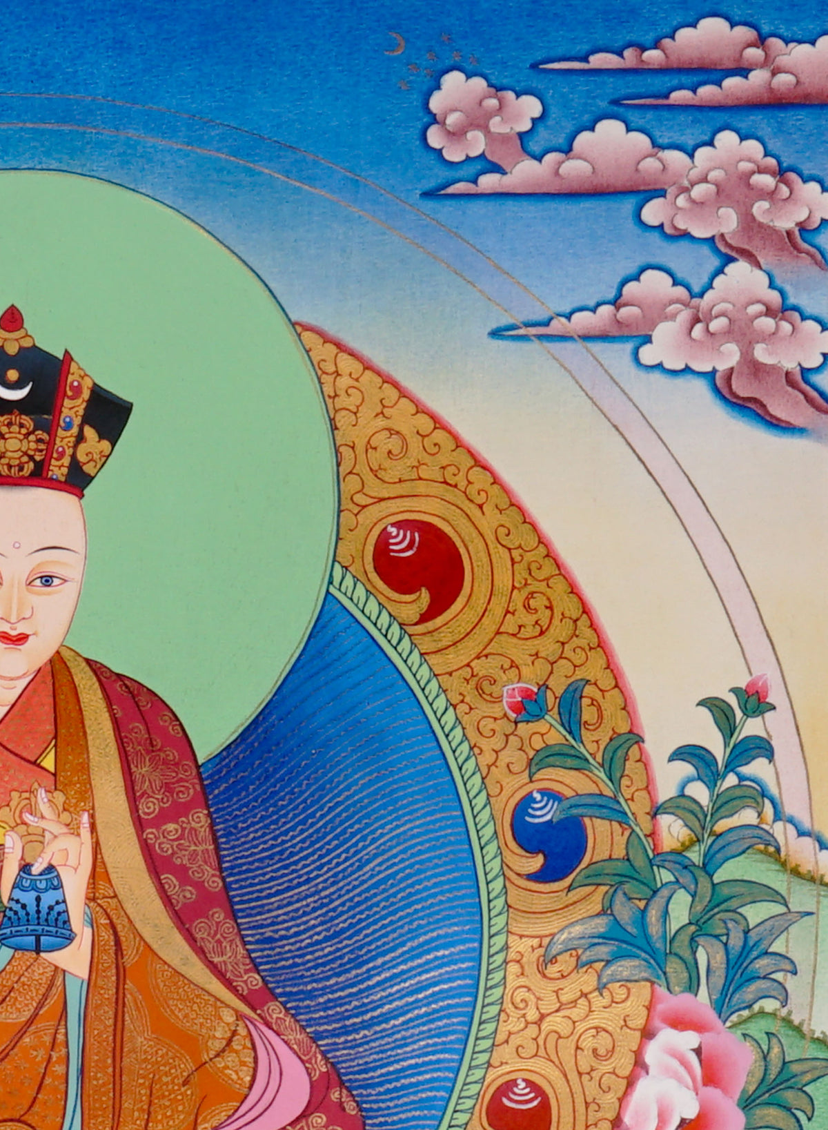 Sixteen Karmapas Tibetan Buddhist thangka set featuring lineage masters seated on lotus thrones with traditional Himalayan landscapes and gold detailing