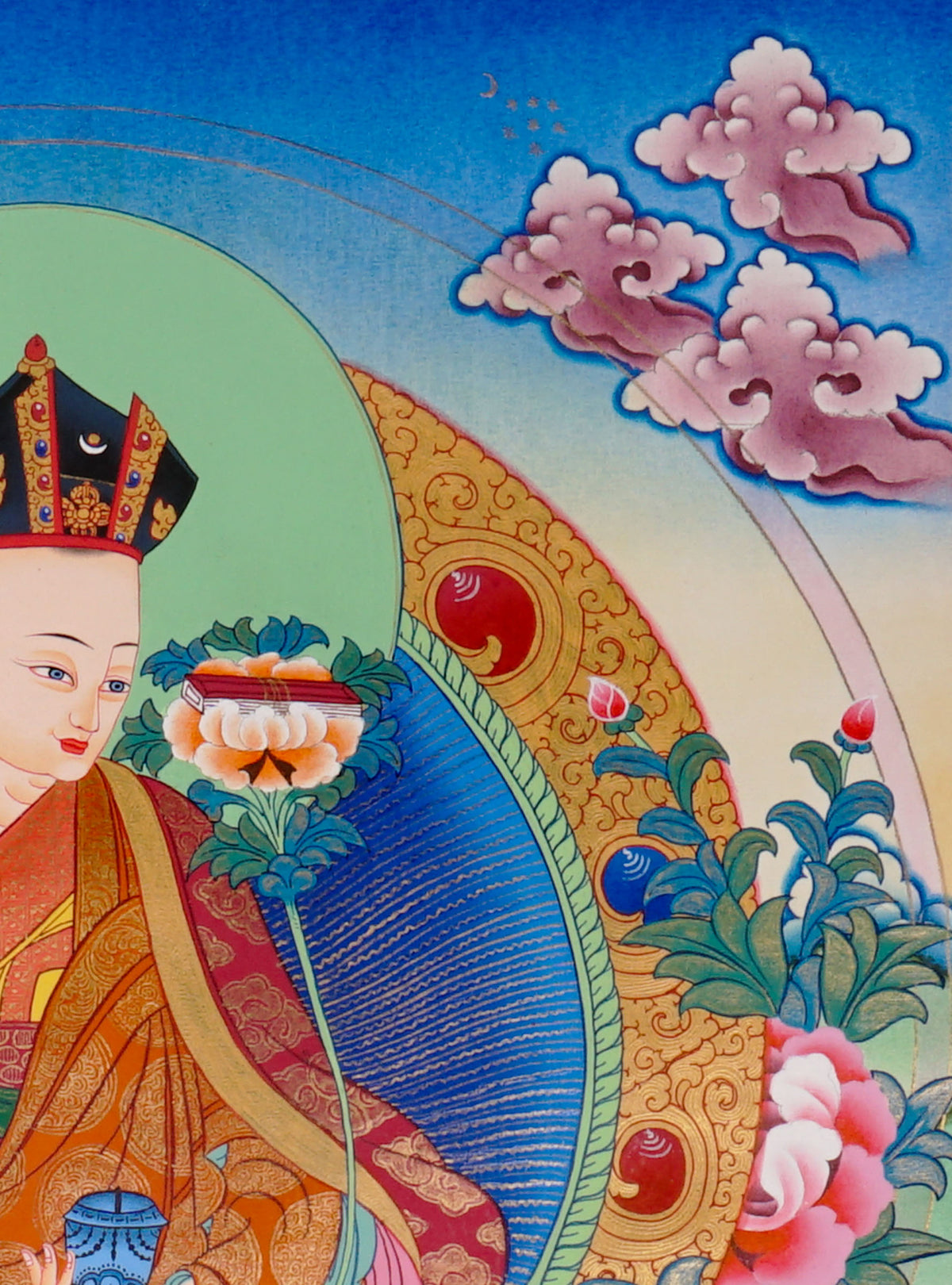 Sixteen Karmapas Tibetan Buddhist thangka set featuring lineage masters seated on lotus thrones with traditional Himalayan landscapes and gold detailing
