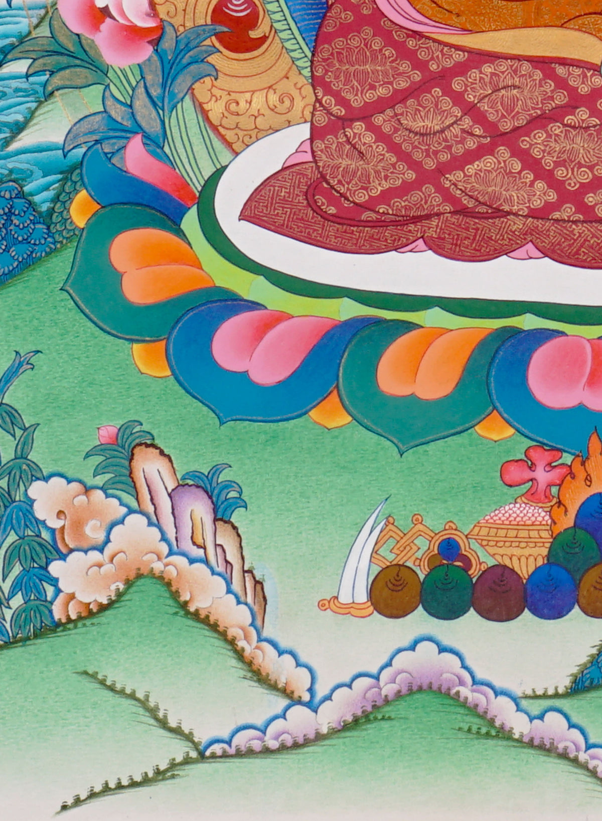 Sixteen Karmapas Tibetan Buddhist thangka set featuring lineage masters seated on lotus thrones with traditional Himalayan landscapes and gold detailing