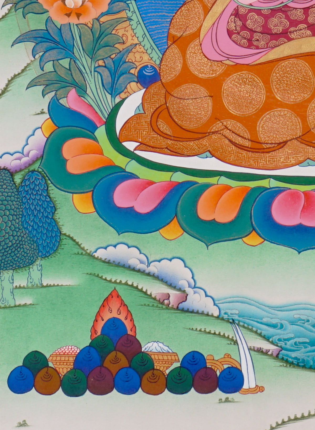 Sixteen Karmapas Tibetan Buddhist thangka set featuring lineage masters seated on lotus thrones with traditional Himalayan landscapes and gold detailing