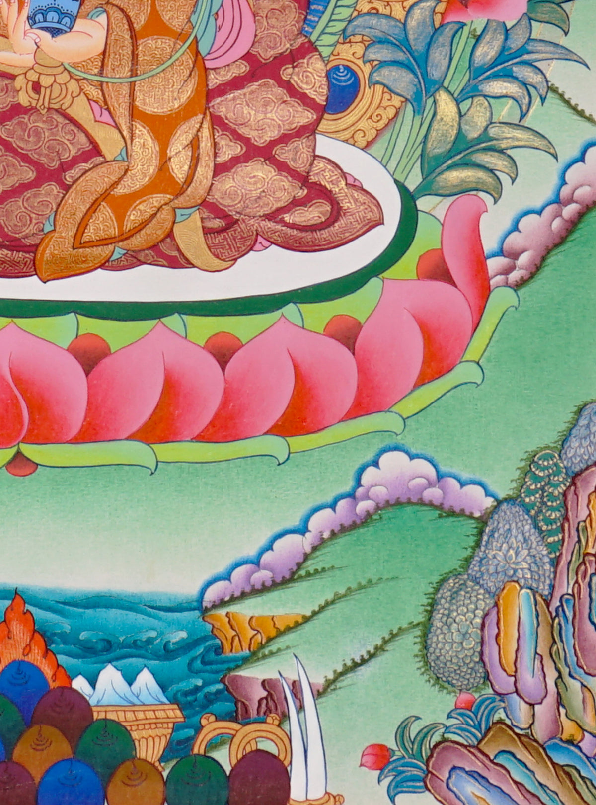 Sixteen Karmapas Tibetan Buddhist thangka set featuring lineage masters seated on lotus thrones with traditional Himalayan landscapes and gold detailing