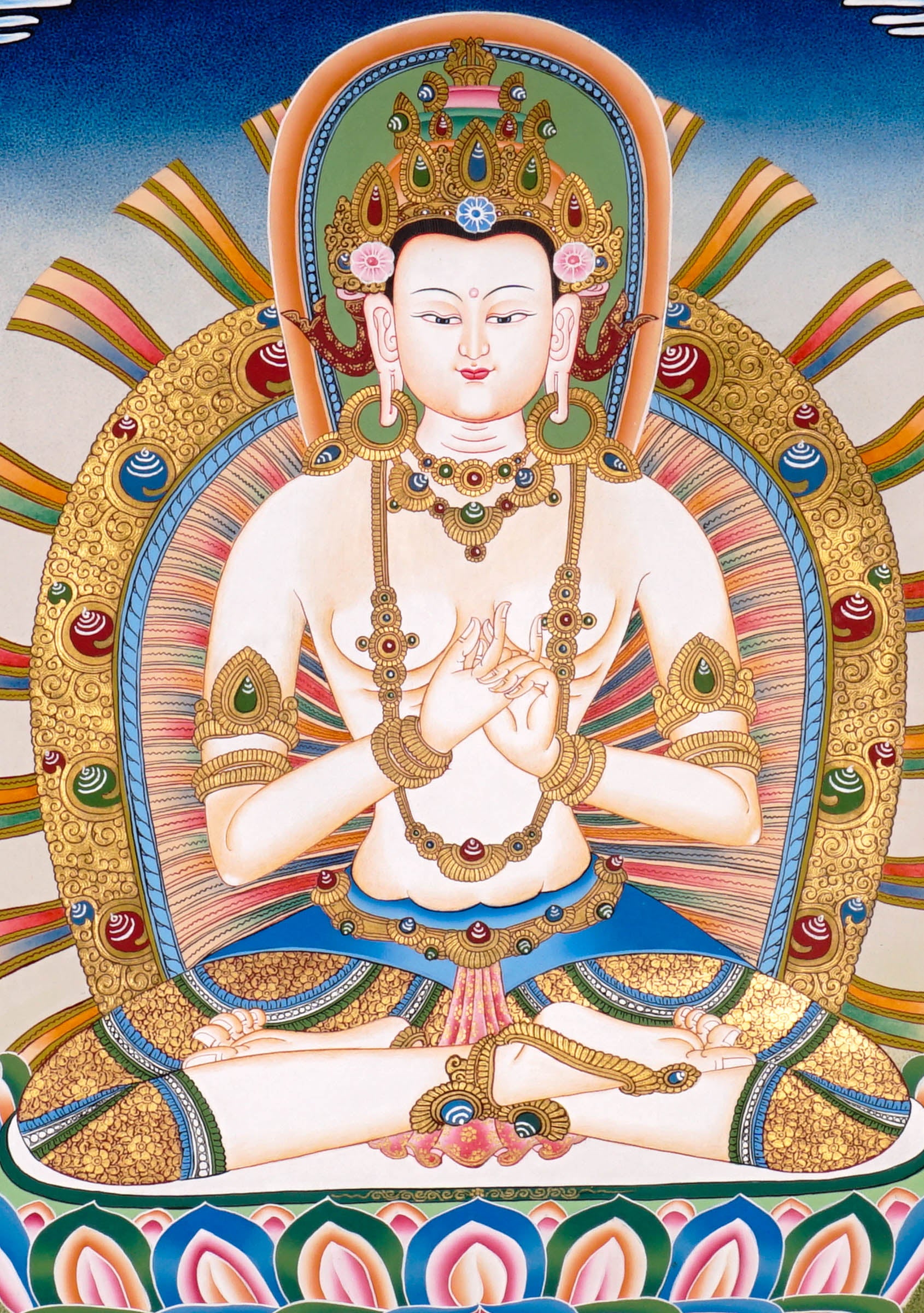 Newari Five Dhyani Buddhas thangka set depicting Amitabha, Vairocana, Akshobhya, Ratnasambhava, and Amoghasiddhi seated on lotus thrones with jeweled halos and traditional Vajrayana Buddhist symbolism.