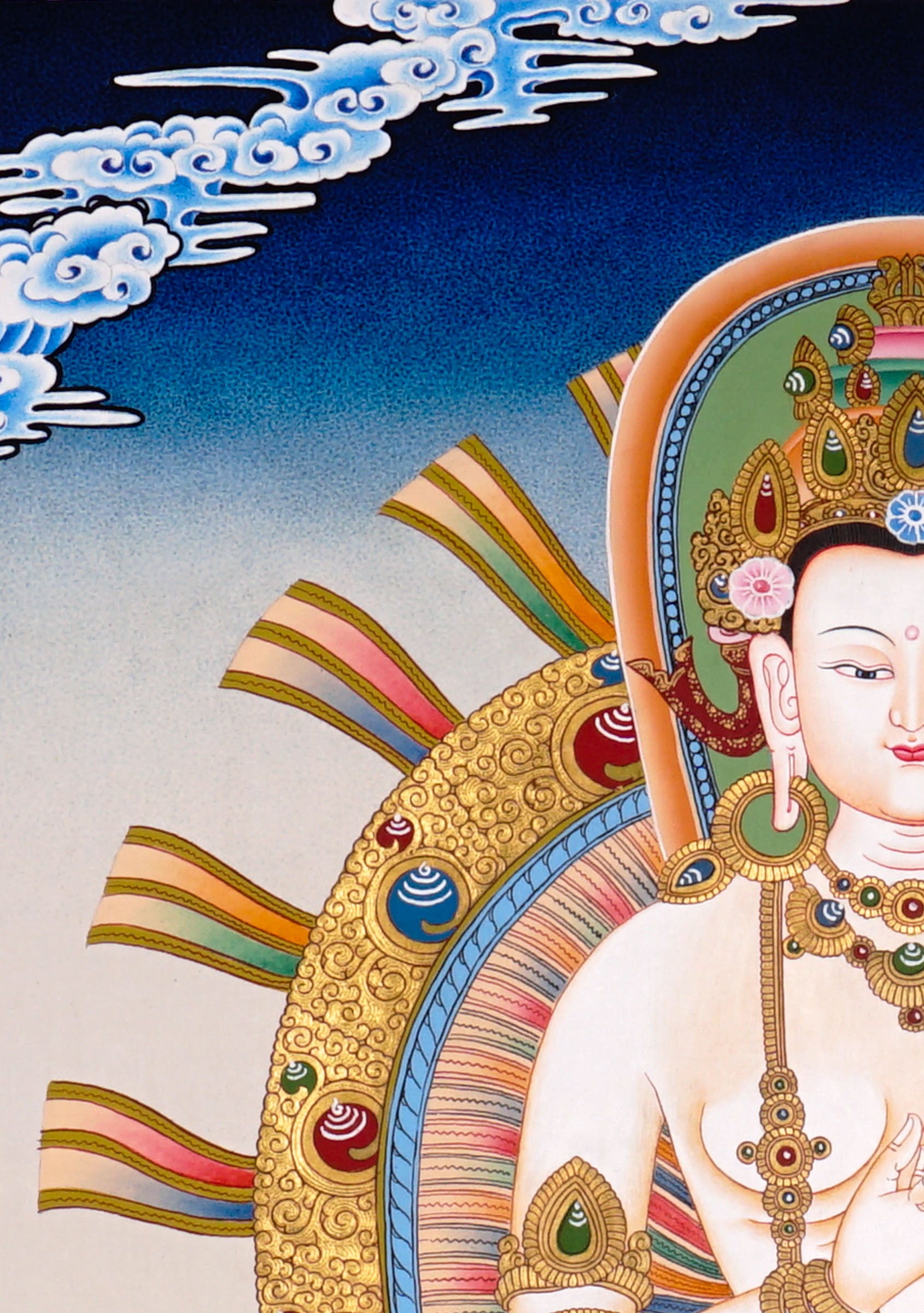 Newari Five Dhyani Buddhas thangka set depicting Amitabha, Vairocana, Akshobhya, Ratnasambhava, and Amoghasiddhi seated on lotus thrones with jeweled halos and traditional Vajrayana Buddhist symbolism.