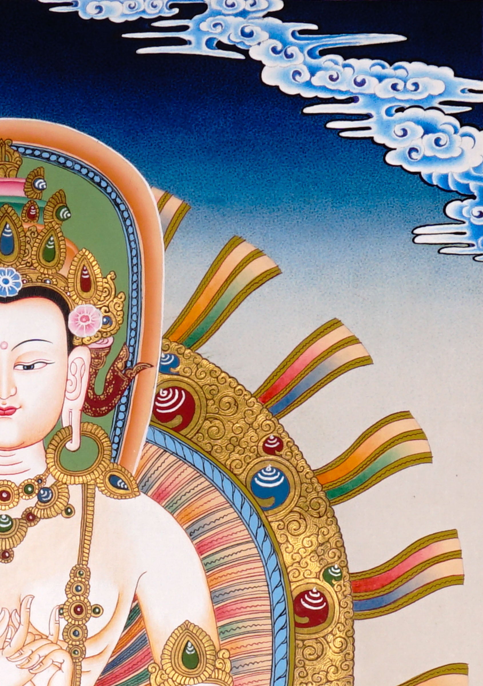 Newari Five Dhyani Buddhas thangka set depicting Amitabha, Vairocana, Akshobhya, Ratnasambhava, and Amoghasiddhi seated on lotus thrones with jeweled halos and traditional Vajrayana Buddhist symbolism.