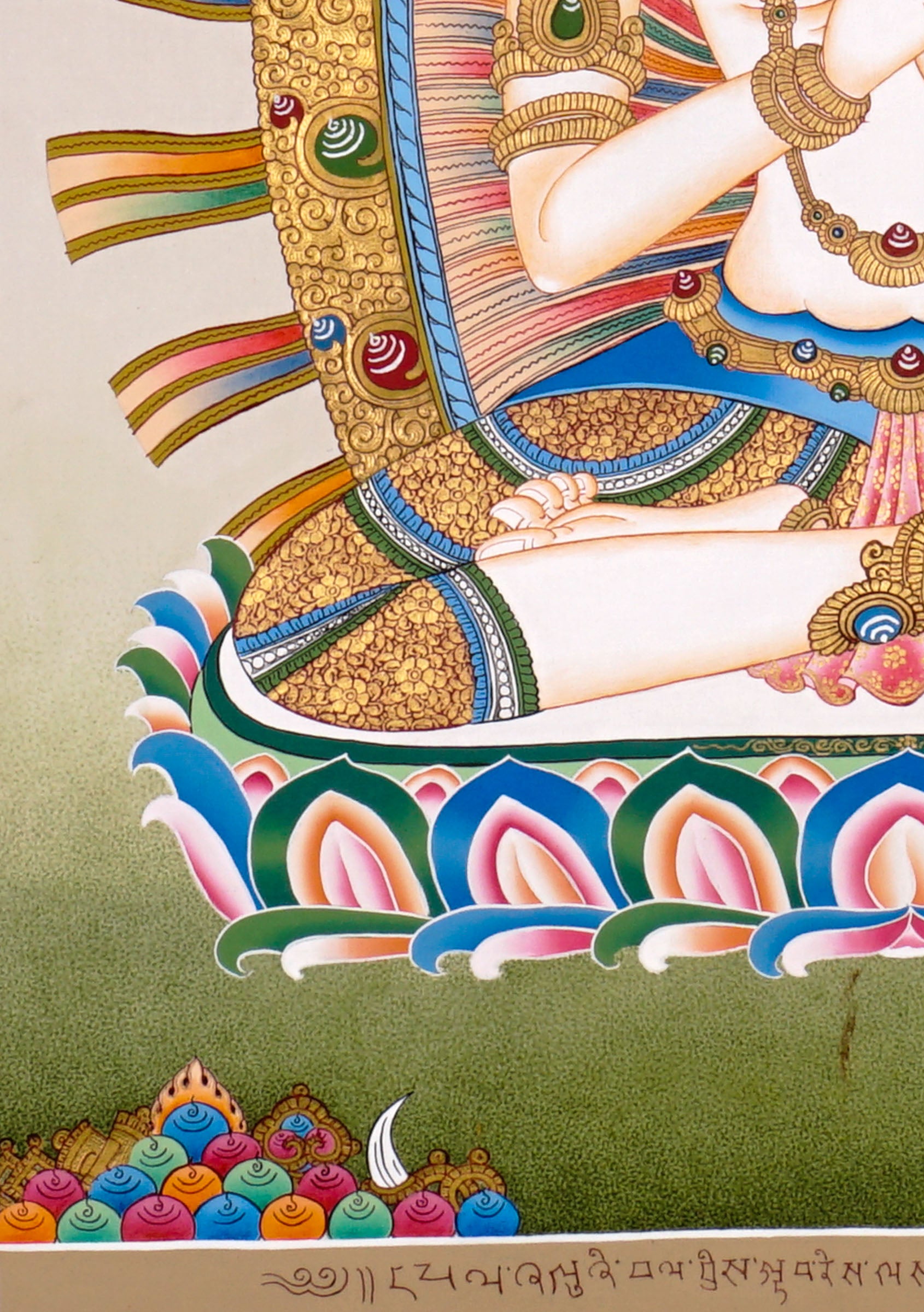 Newari Five Dhyani Buddhas thangka set depicting Amitabha, Vairocana, Akshobhya, Ratnasambhava, and Amoghasiddhi seated on lotus thrones with jeweled halos and traditional Vajrayana Buddhist symbolism.