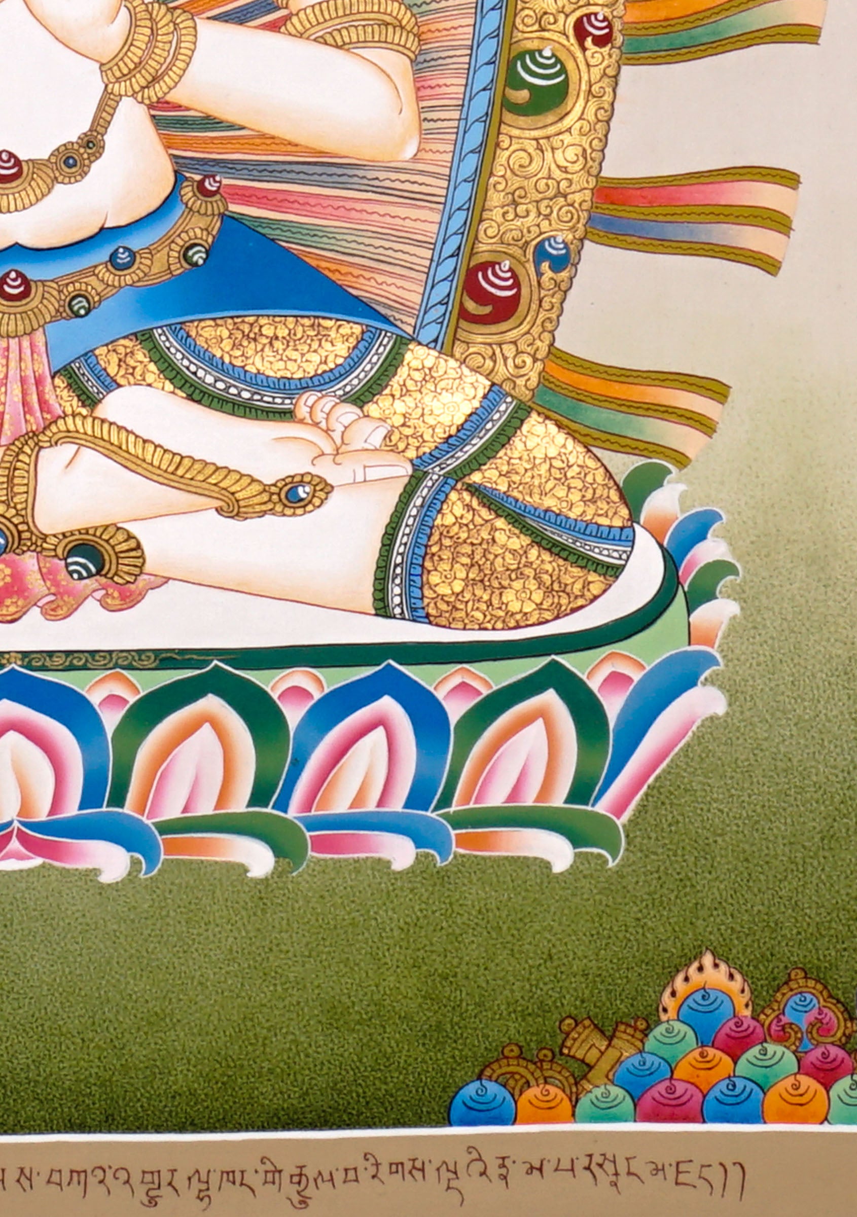 Newari Five Dhyani Buddhas thangka set depicting Amitabha, Vairocana, Akshobhya, Ratnasambhava, and Amoghasiddhi seated on lotus thrones with jeweled halos and traditional Vajrayana Buddhist symbolism.