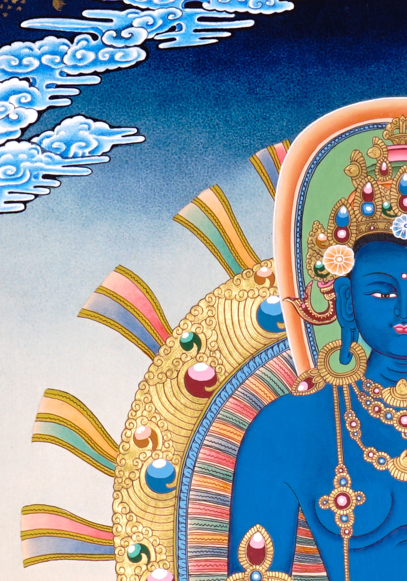 Newari Five Dhyani Buddhas thangka set depicting Amitabha, Vairocana, Akshobhya, Ratnasambhava, and Amoghasiddhi seated on lotus thrones with jeweled halos and traditional Vajrayana Buddhist symbolism.