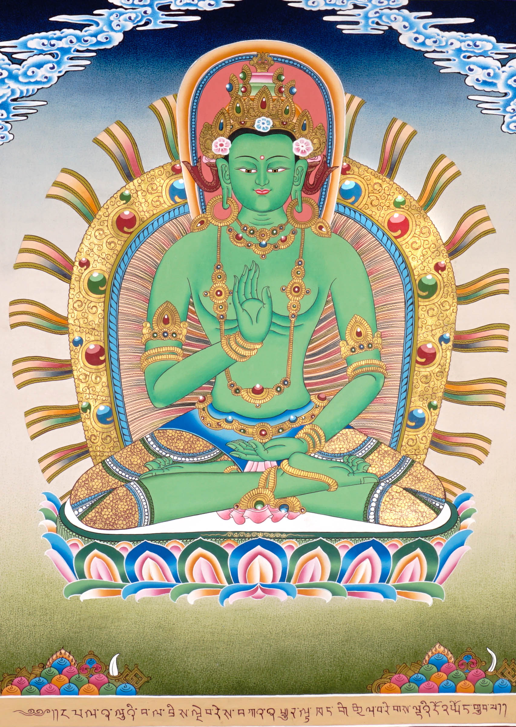 Newari Five Dhyani Buddhas thangka set depicting Amitabha, Vairocana, Akshobhya, Ratnasambhava, and Amoghasiddhi seated on lotus thrones with jeweled halos and traditional Vajrayana Buddhist symbolism.